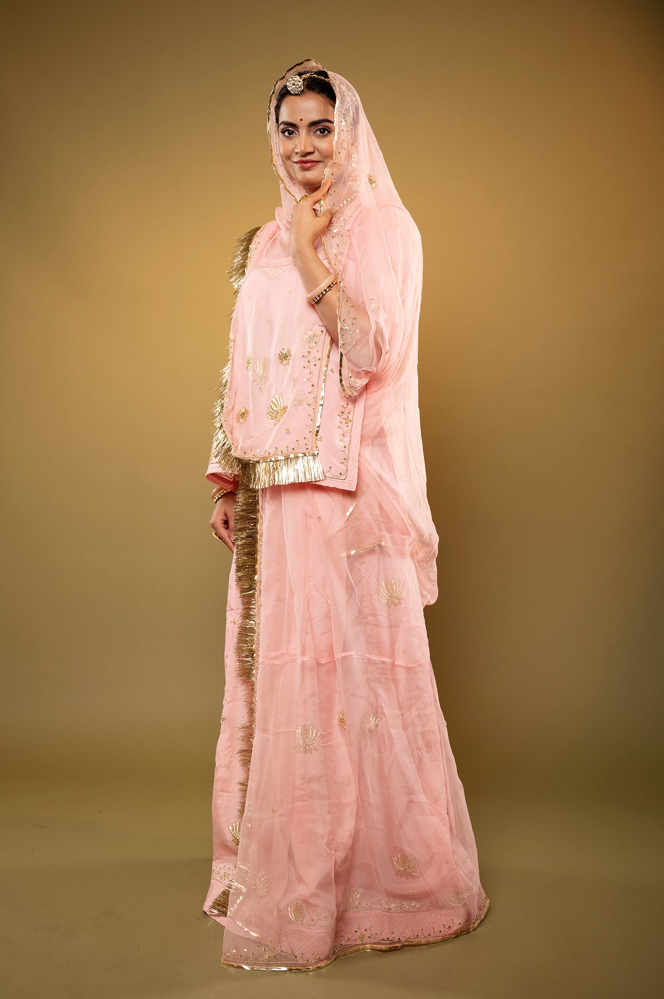 peach pink Crepe zardozi handwork rajputi Poshak with Pure odhna