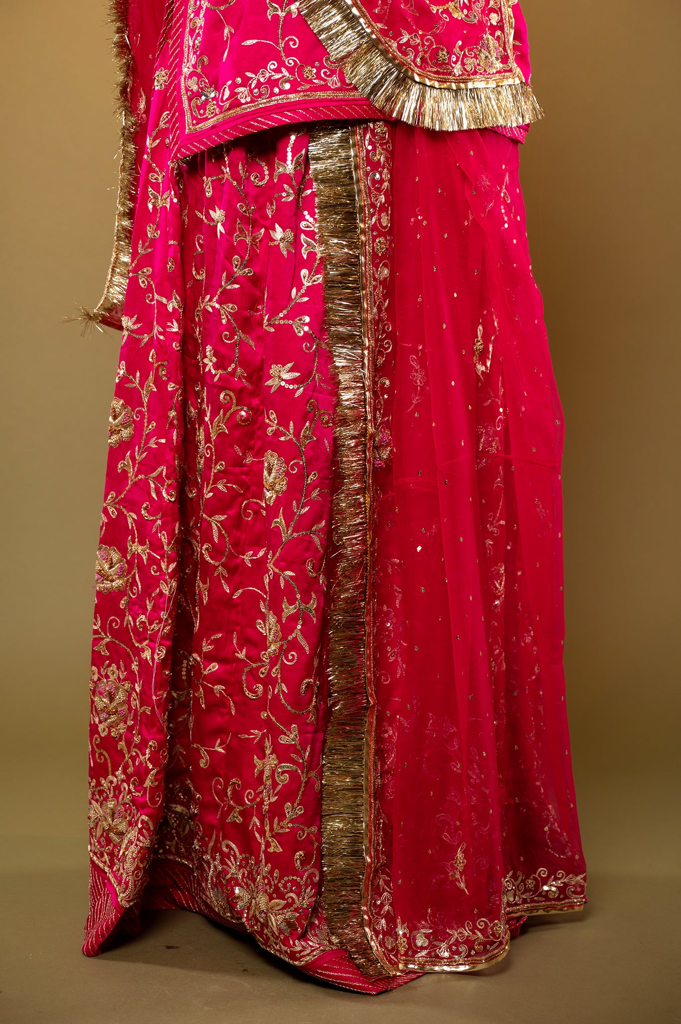 Red Magenta Bamber Satin zardozi handwork rajputi Poshak with Pure odhna