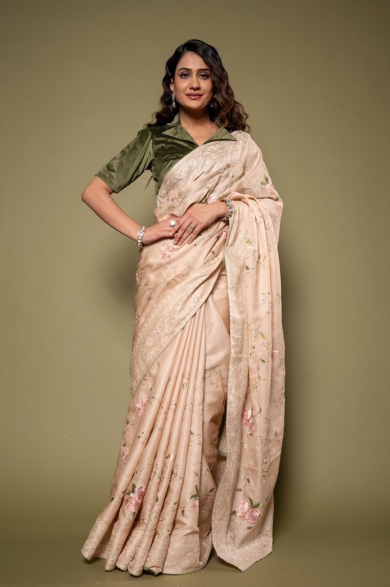 Cream Tashar silk resham jaal handwork saree
