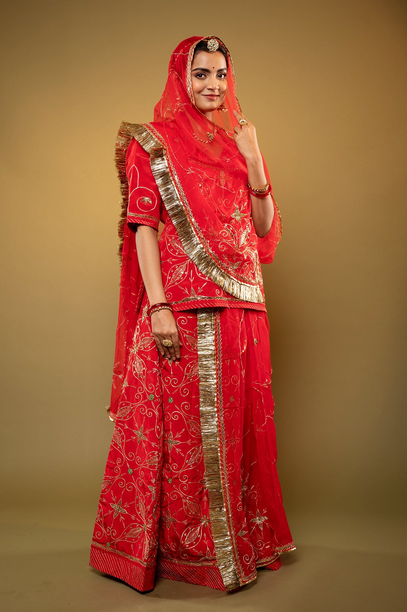 red Crepe aari sequins handwork rajputi Poshak with Pure odhna