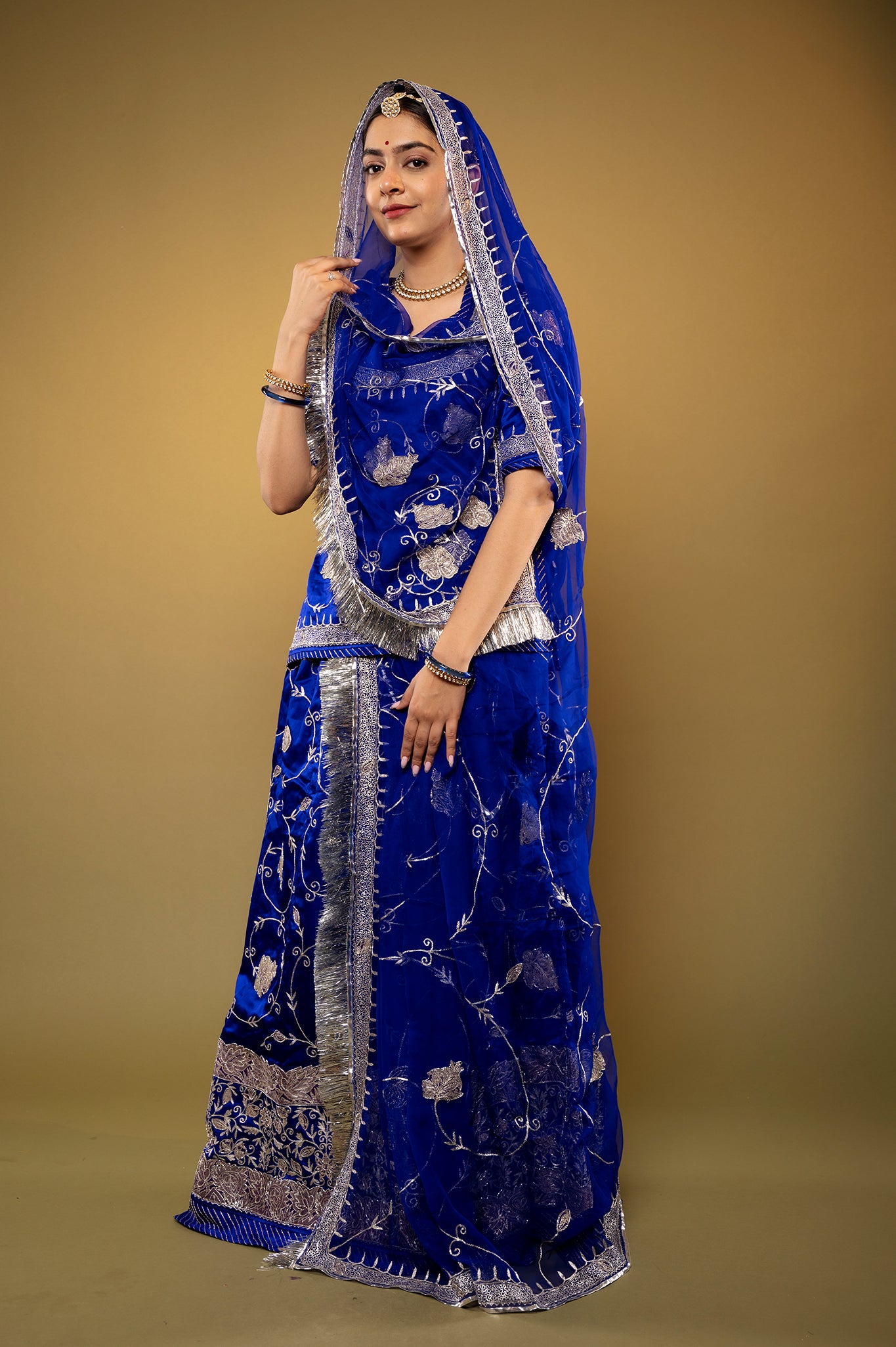 Royal Blue Pure Silk Satin chanderi handwork rajputi Poshak with Pure odhna