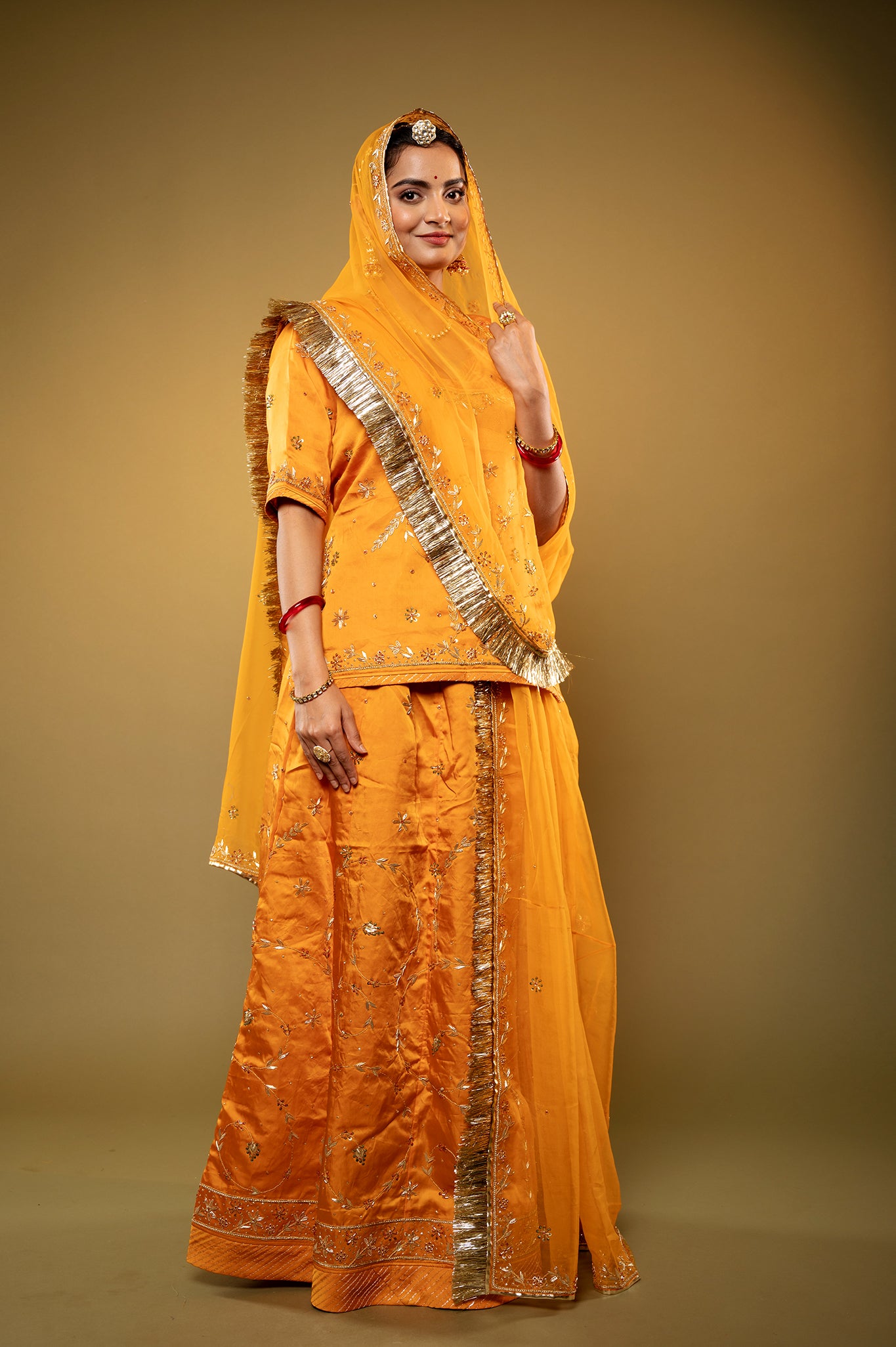 yellow bamber satin zardozi handwork rajputi Poshak with Pure odhna