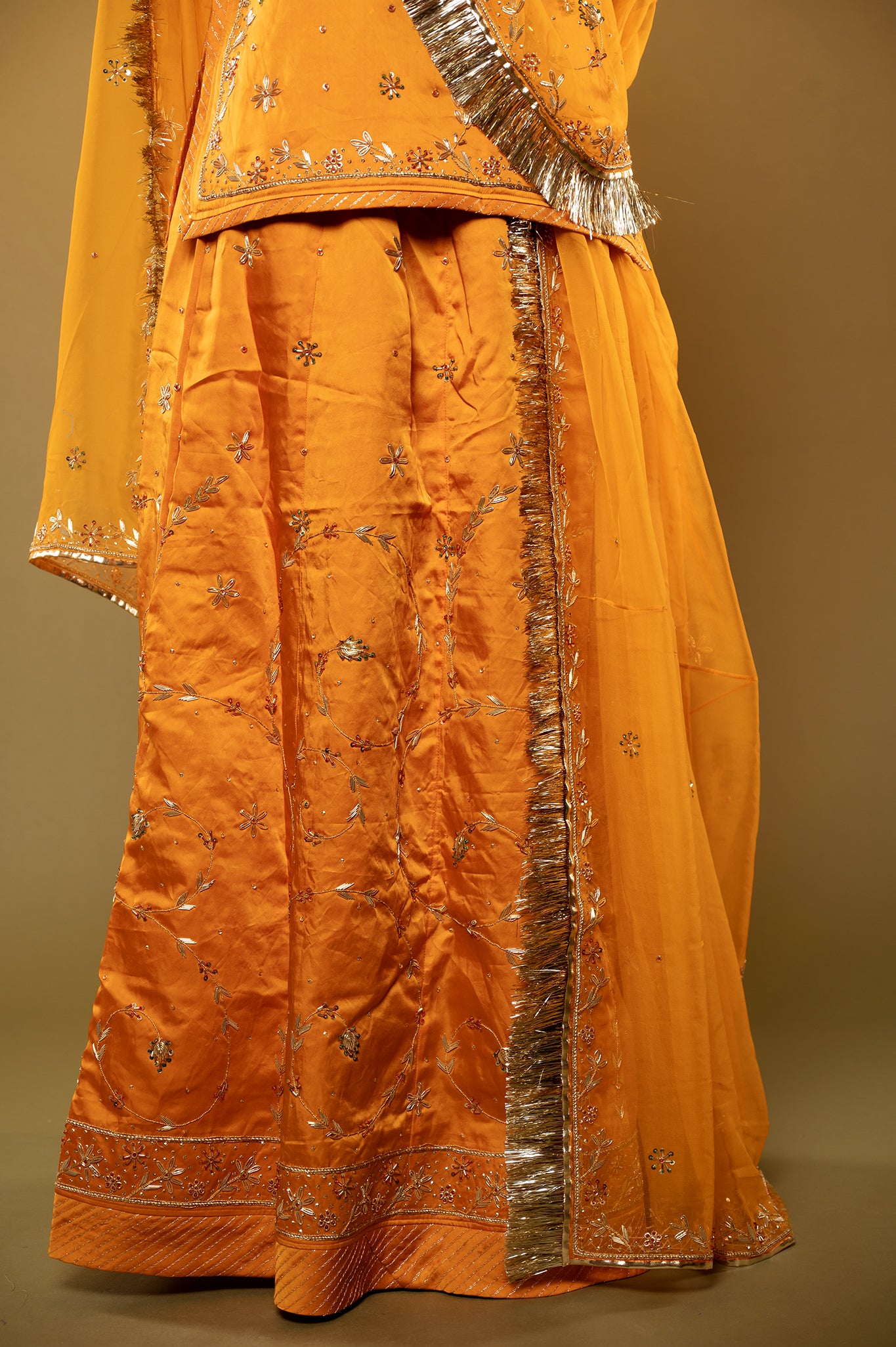 yellow bamber satin zardozi handwork rajputi Poshak with Pure odhna
