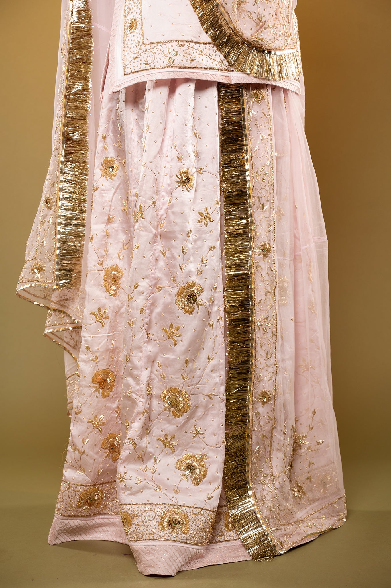 baby pink bamber satin zardozi handwork rajputi Poshak with Pure odhna
