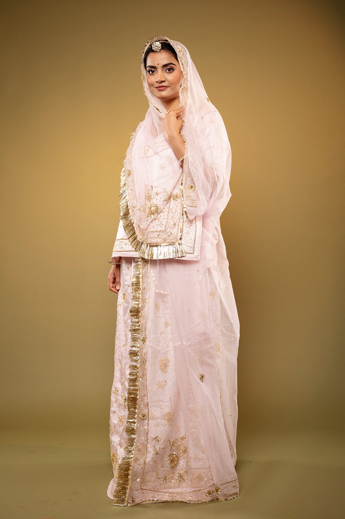 baby pink bamber satin zardozi handwork rajputi Poshak with Pure odhna