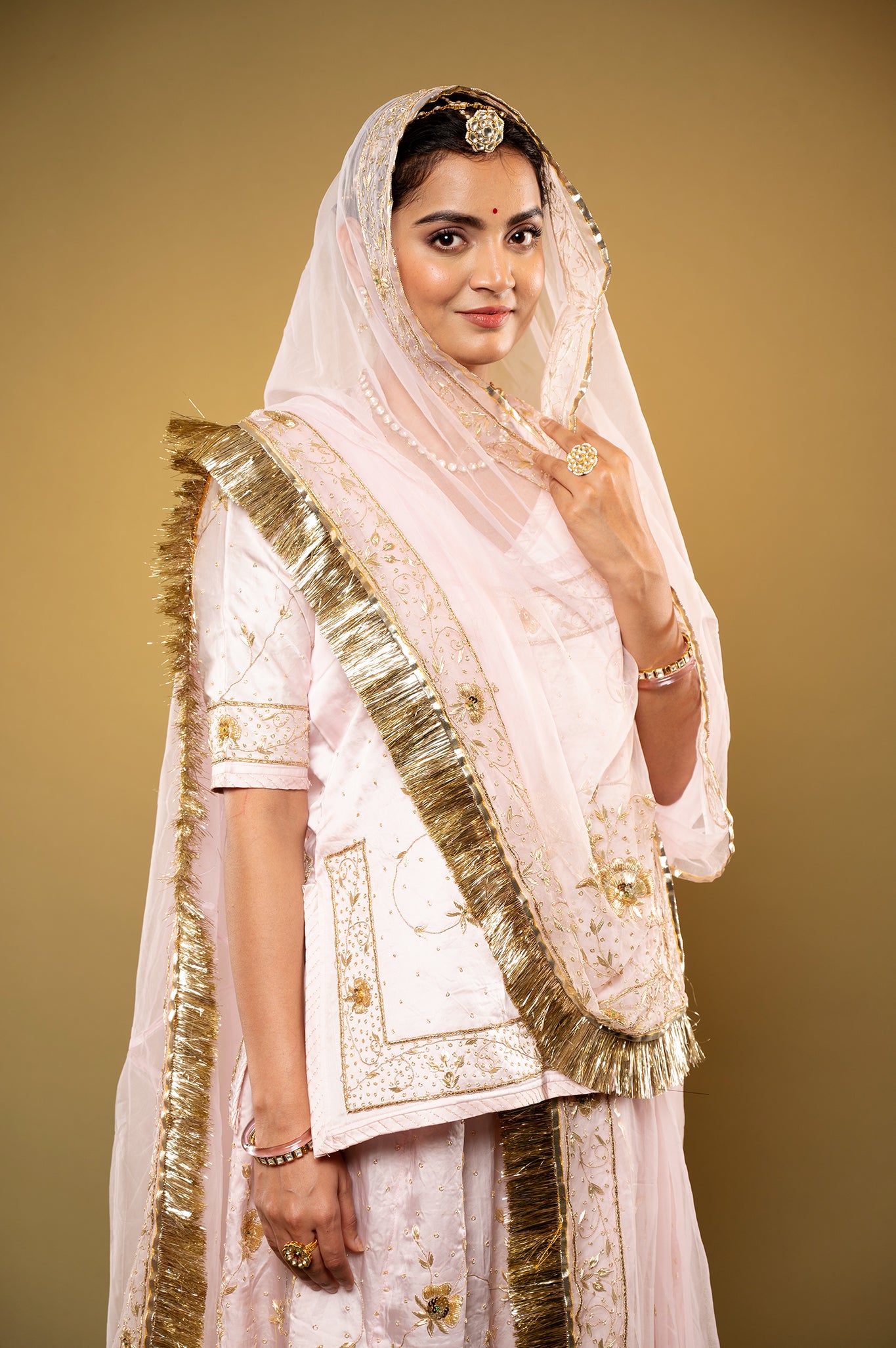 baby pink bamber satin zardozi handwork rajputi Poshak with Pure odhna