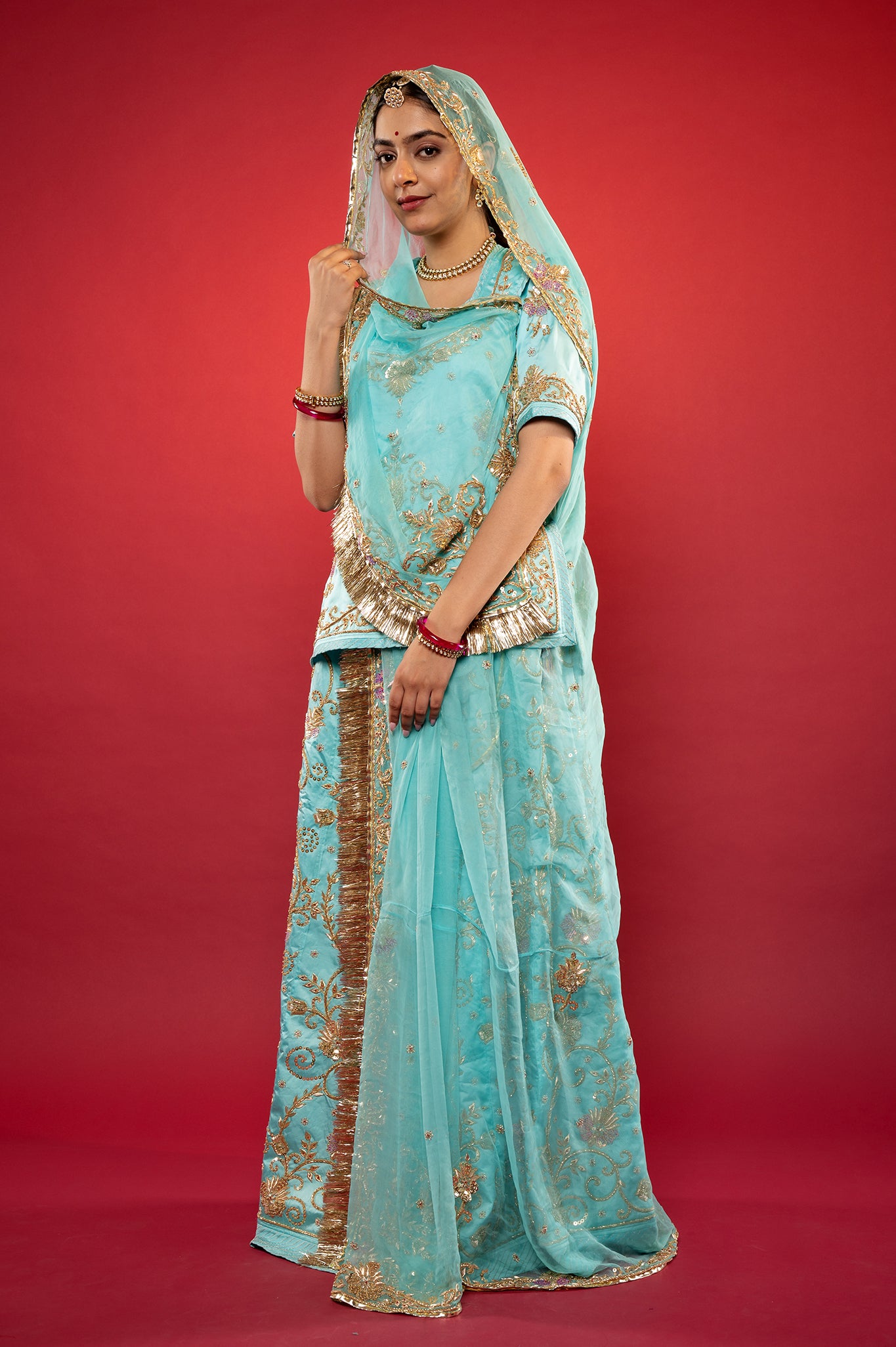 Sky blue bamber satin zadozi handwork rajputi Poshak with Pure odhna