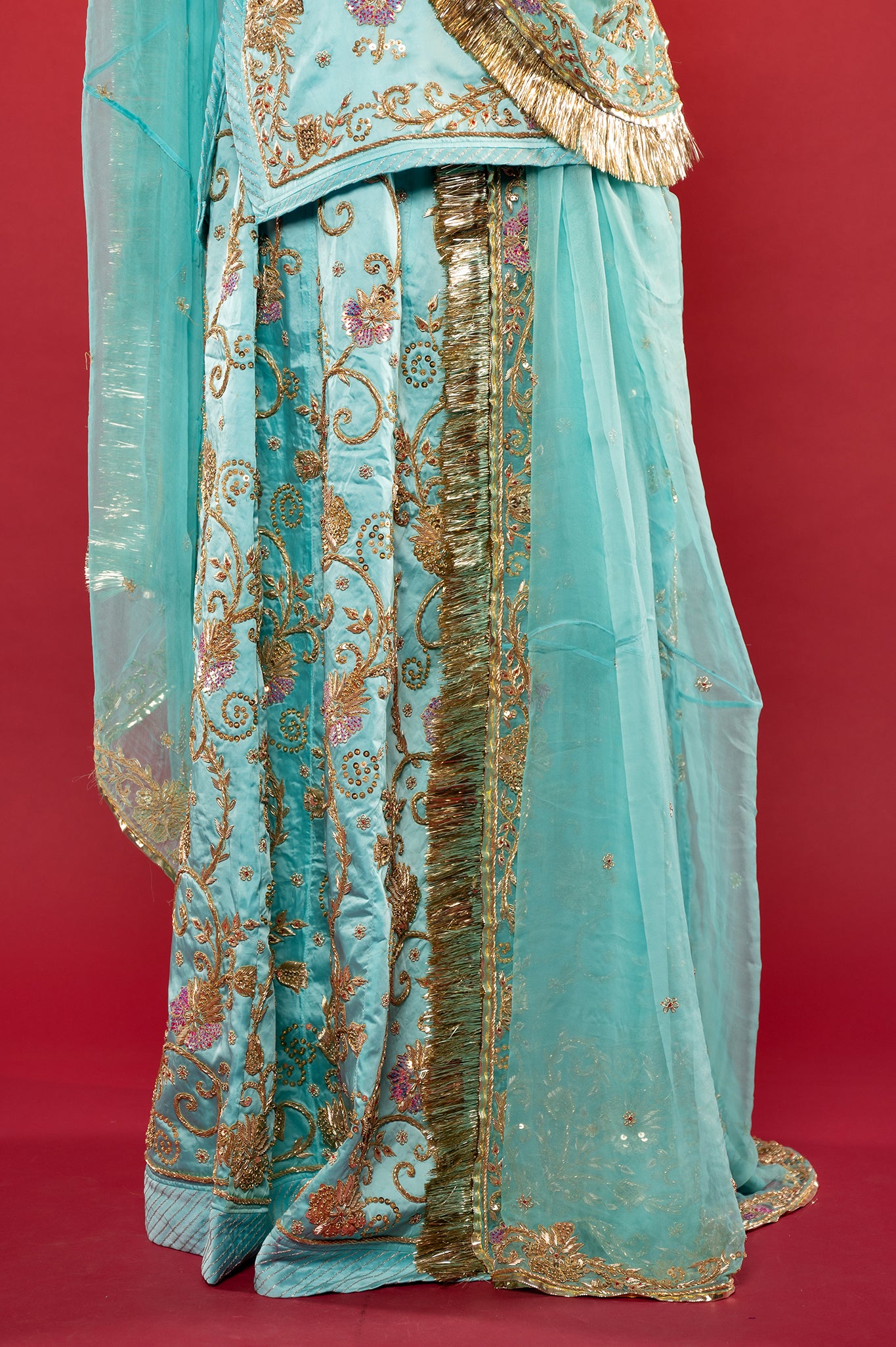 Sky blue bamber satin zadozi handwork rajputi Poshak with Pure odhna