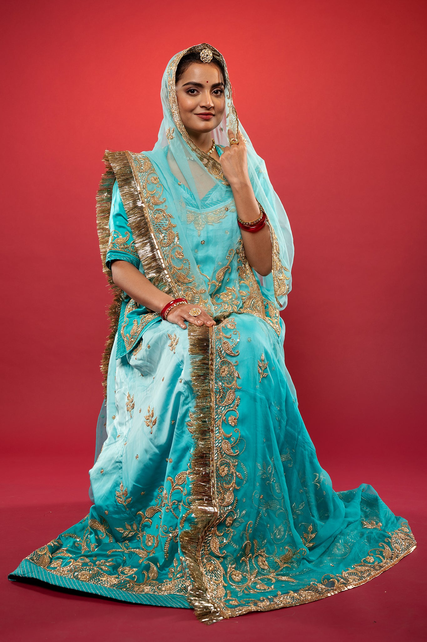 Sky blue light dark bamber Satin zardozi handwork rajputi Poshak with Pure odhna