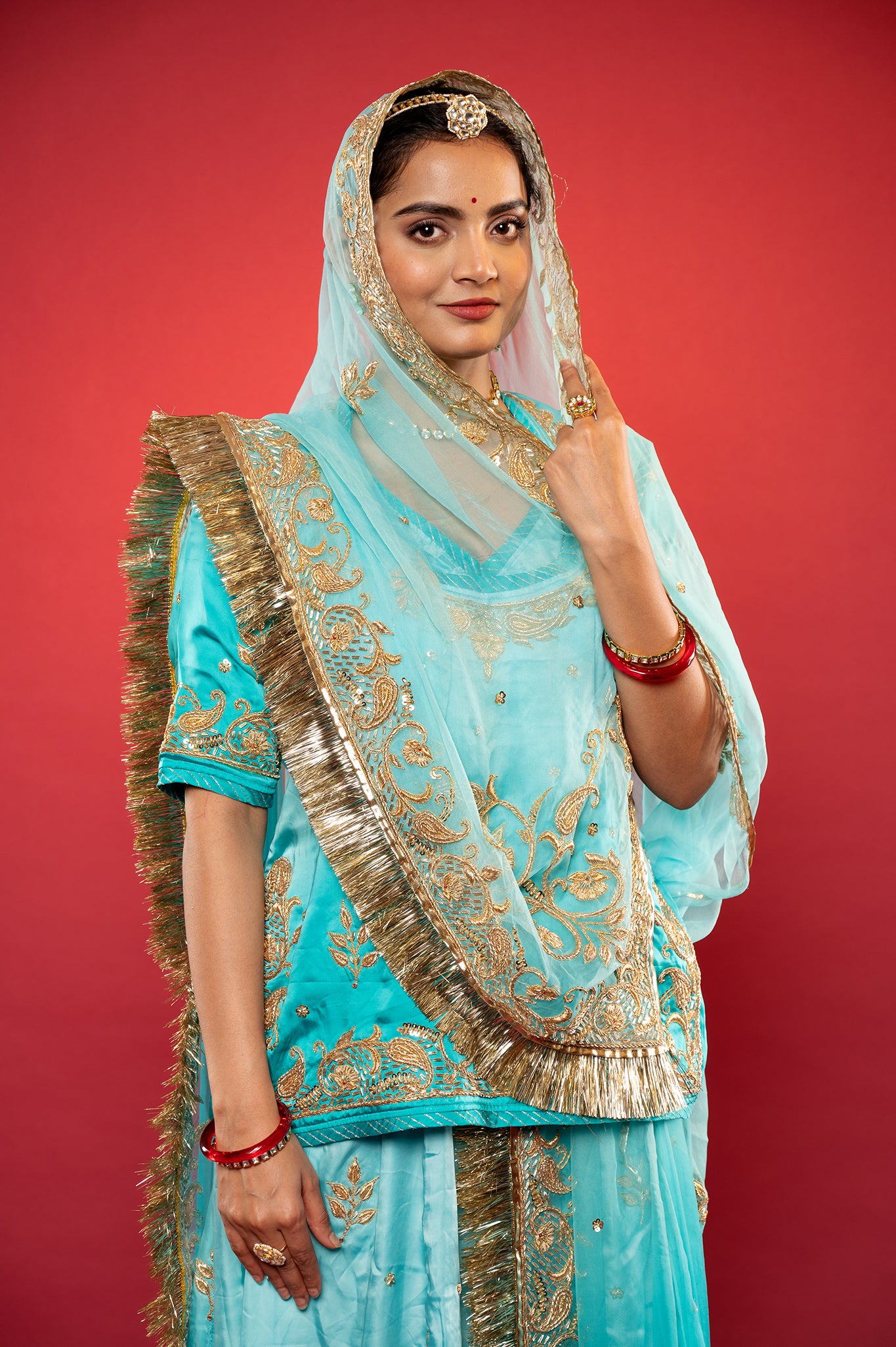 Sky blue light dark bamber Satin zardozi handwork rajputi Poshak with Pure odhna