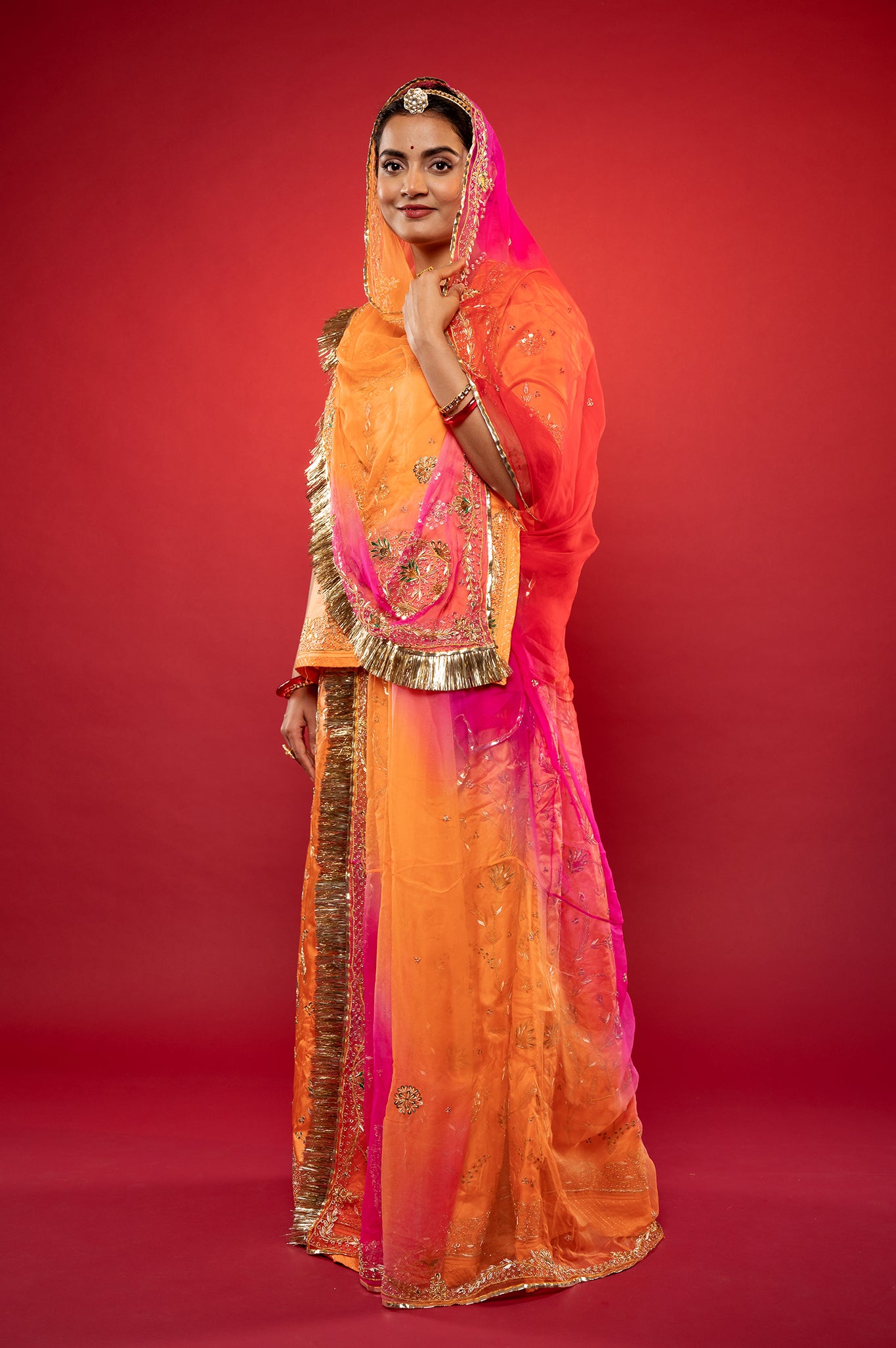 Peach Bamber Satin Zardozi handwork rajputi Poshak with Pure odhna