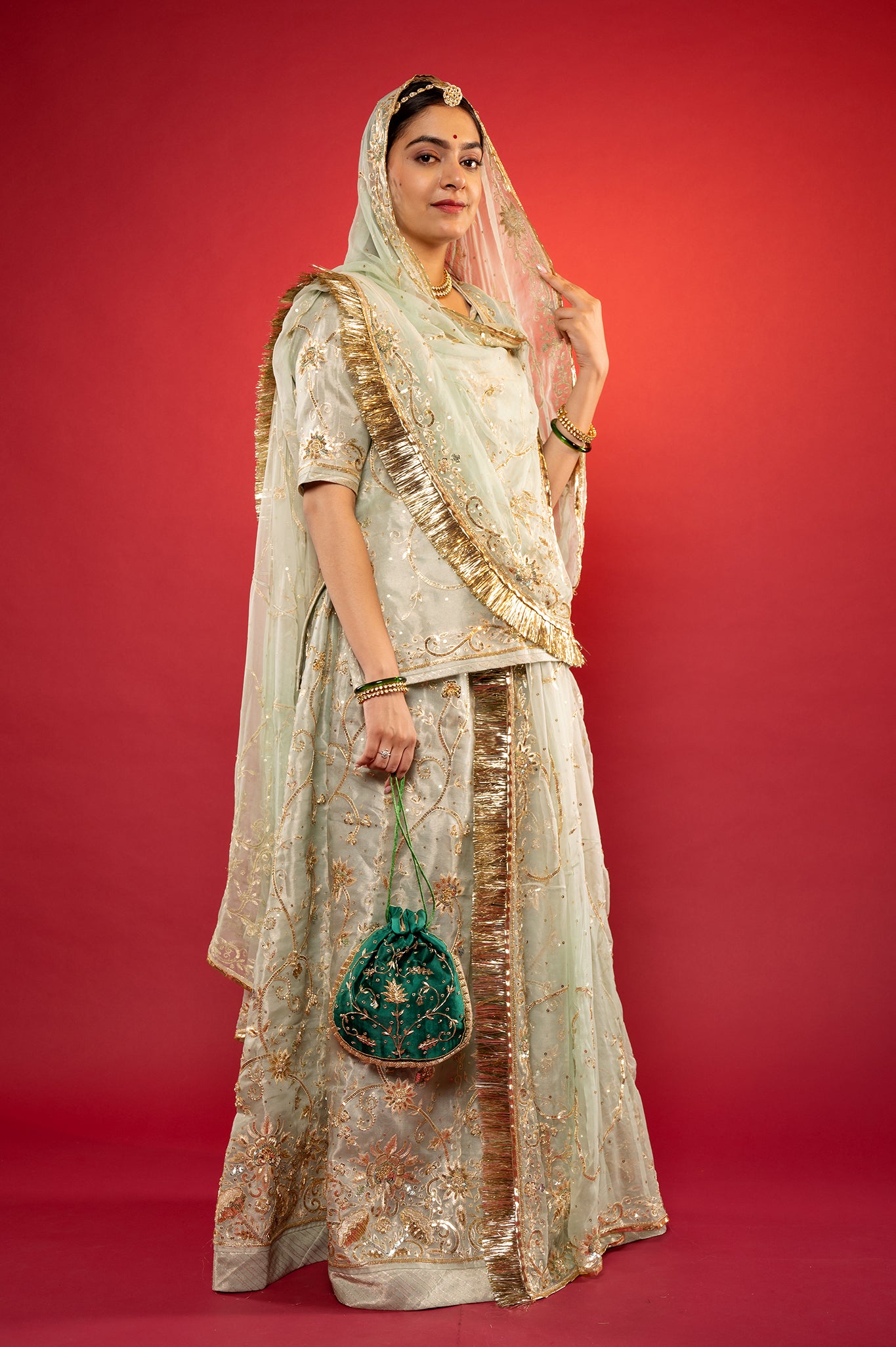 Sage Green Pure Tissue Aari Zardozi handwork rajputi Poshak with Pure odhna