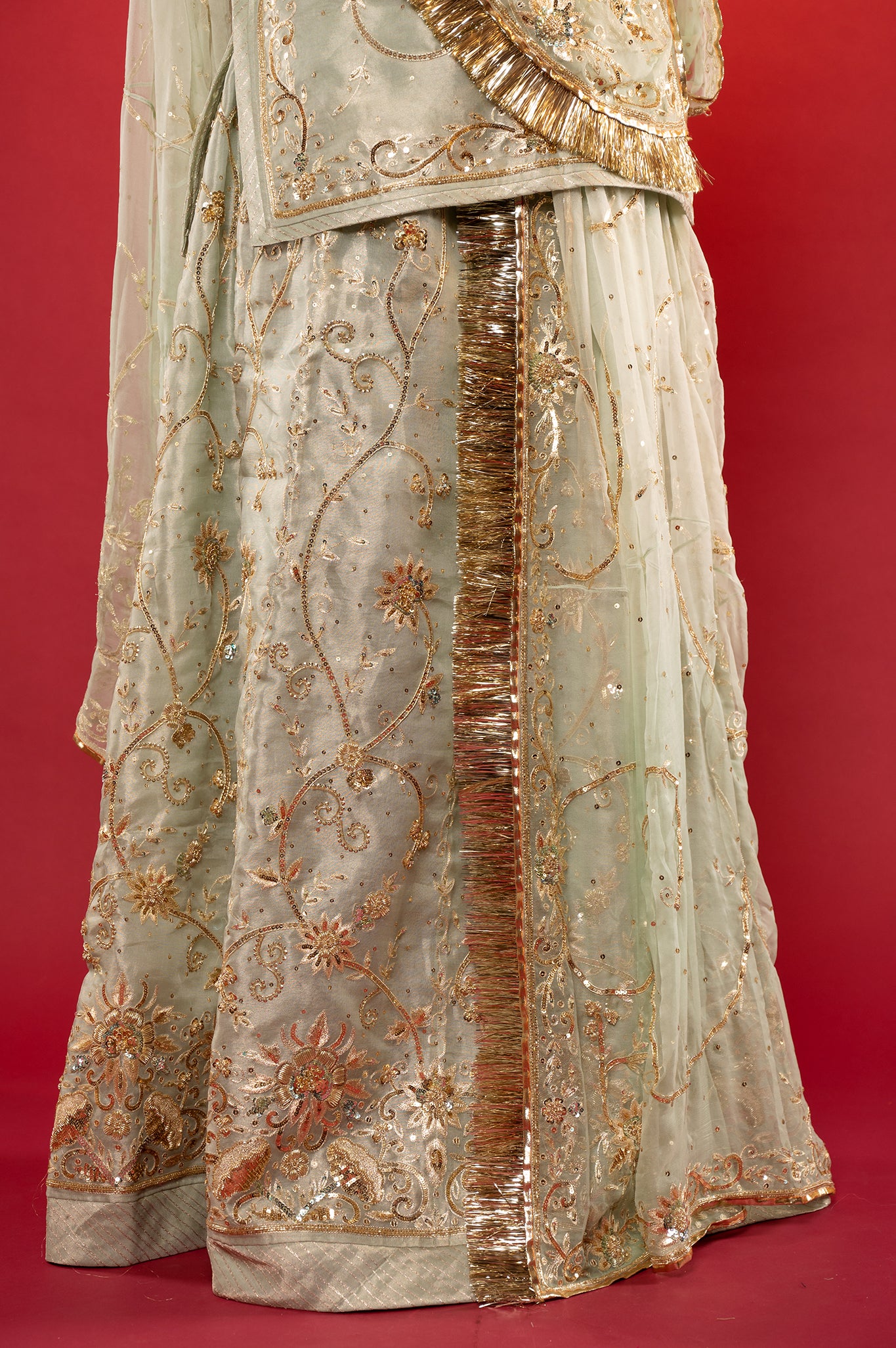 Sage Green Pure Tissue Aari Zardozi handwork rajputi Poshak with Pure odhna