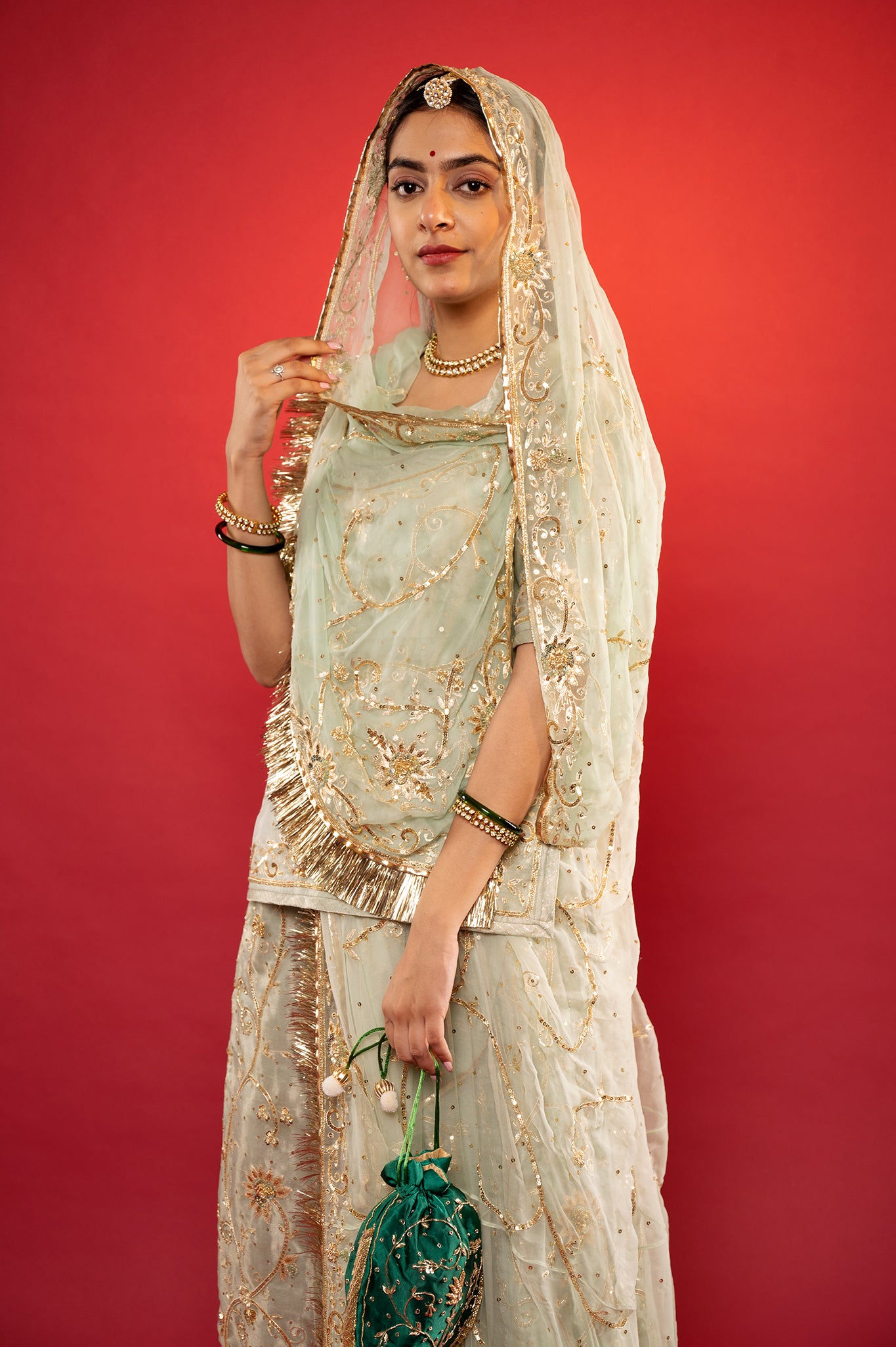 Sage Green Pure Tissue Aari Zardozi handwork rajputi Poshak with Pure odhna