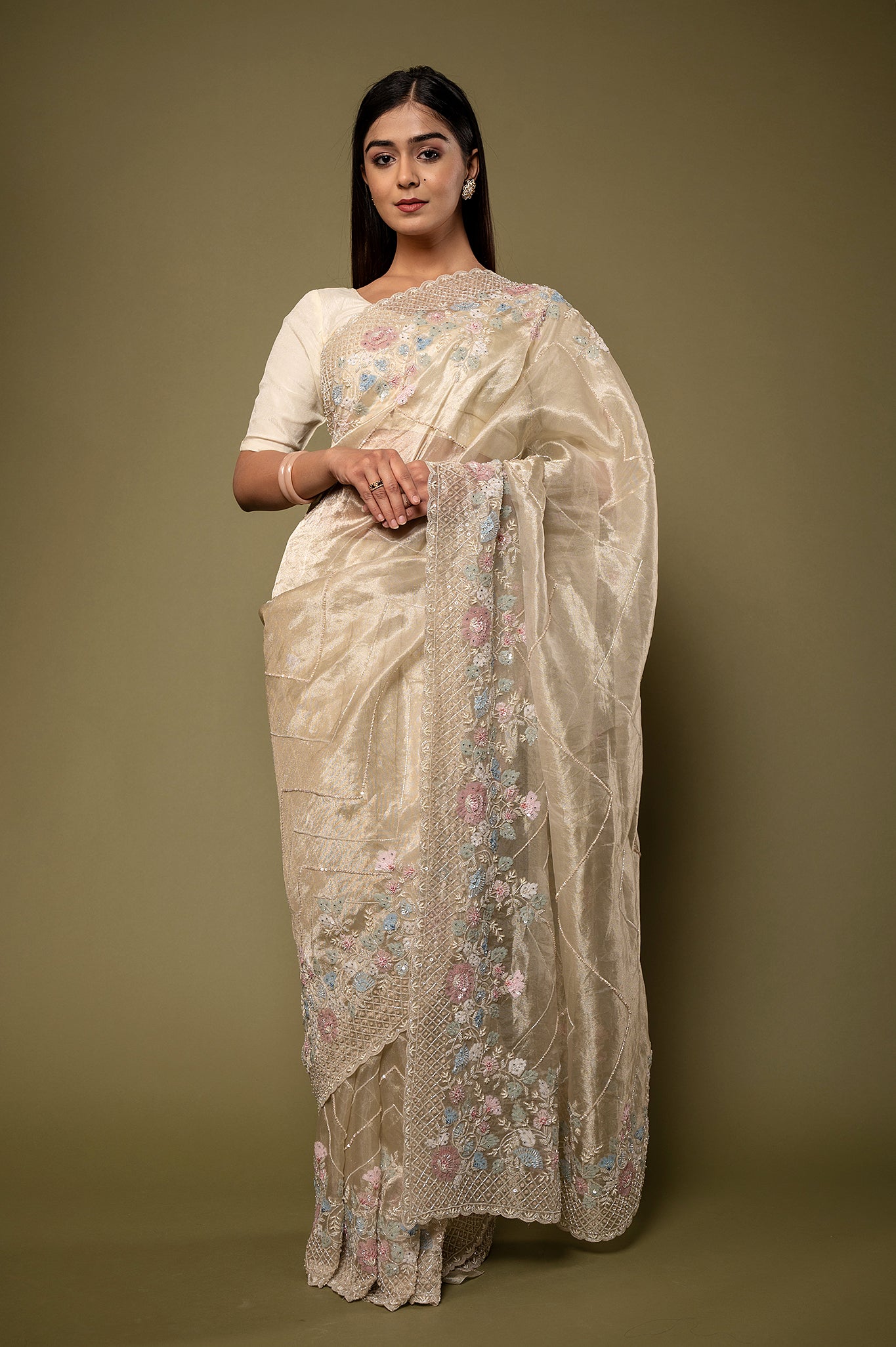 Creme Pure Tissue Kardana sequins pearl border jaal handwork party wear saree