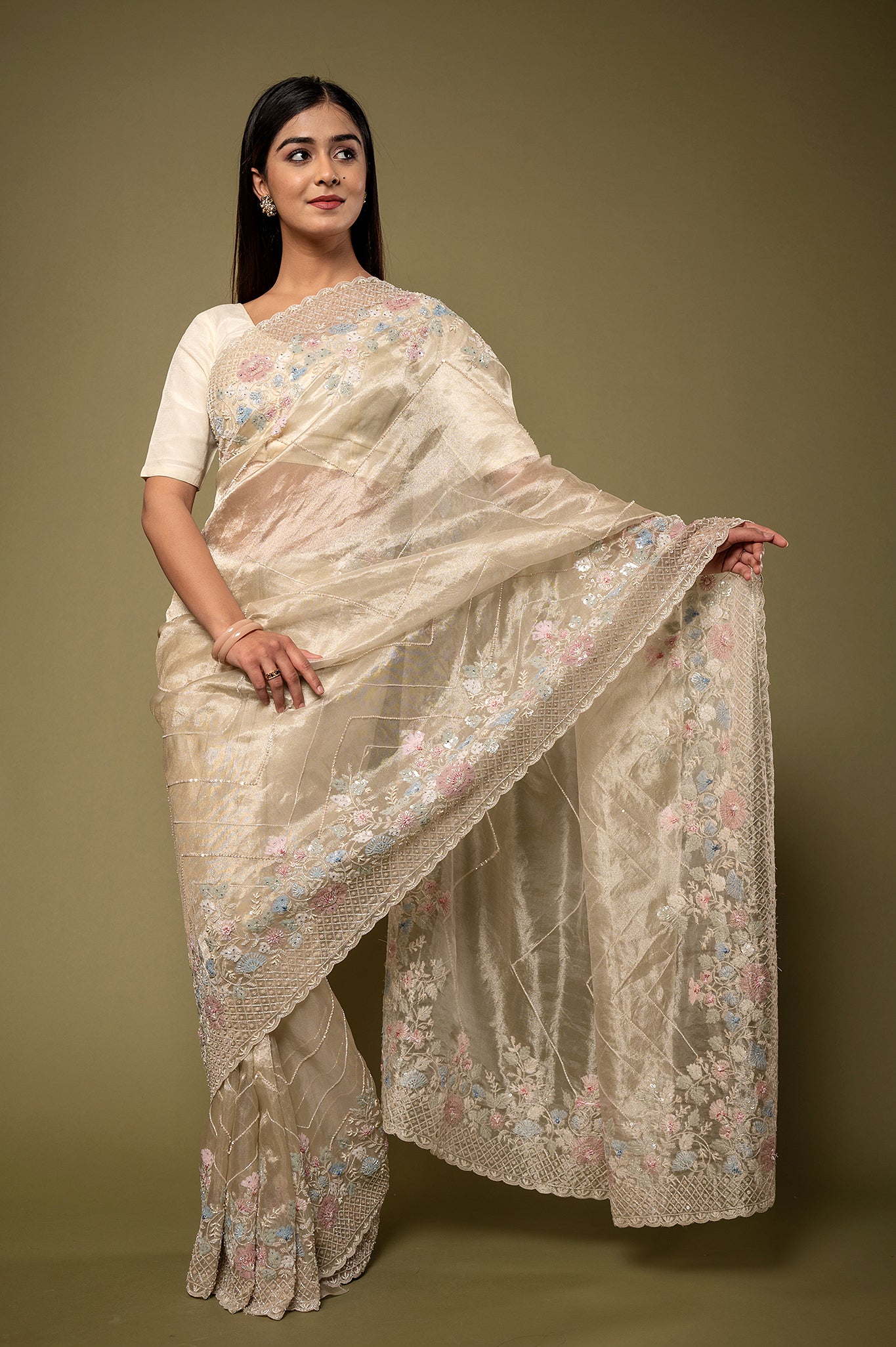 Creme Pure Tissue Kardana sequins pearl border jaal handwork party wear saree