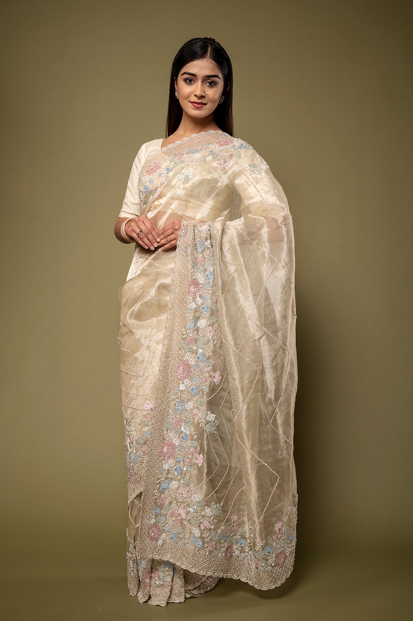 Creme Pure Tissue Kardana sequins pearl border jaal handwork party wear saree