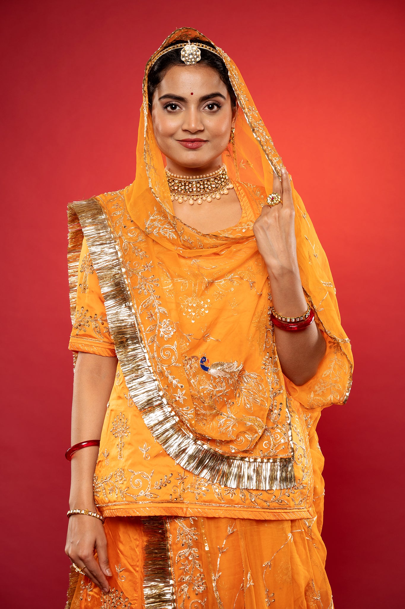 kesariya yellow bamber satin zardozi handwork rajputi Poshak with Pure odhna