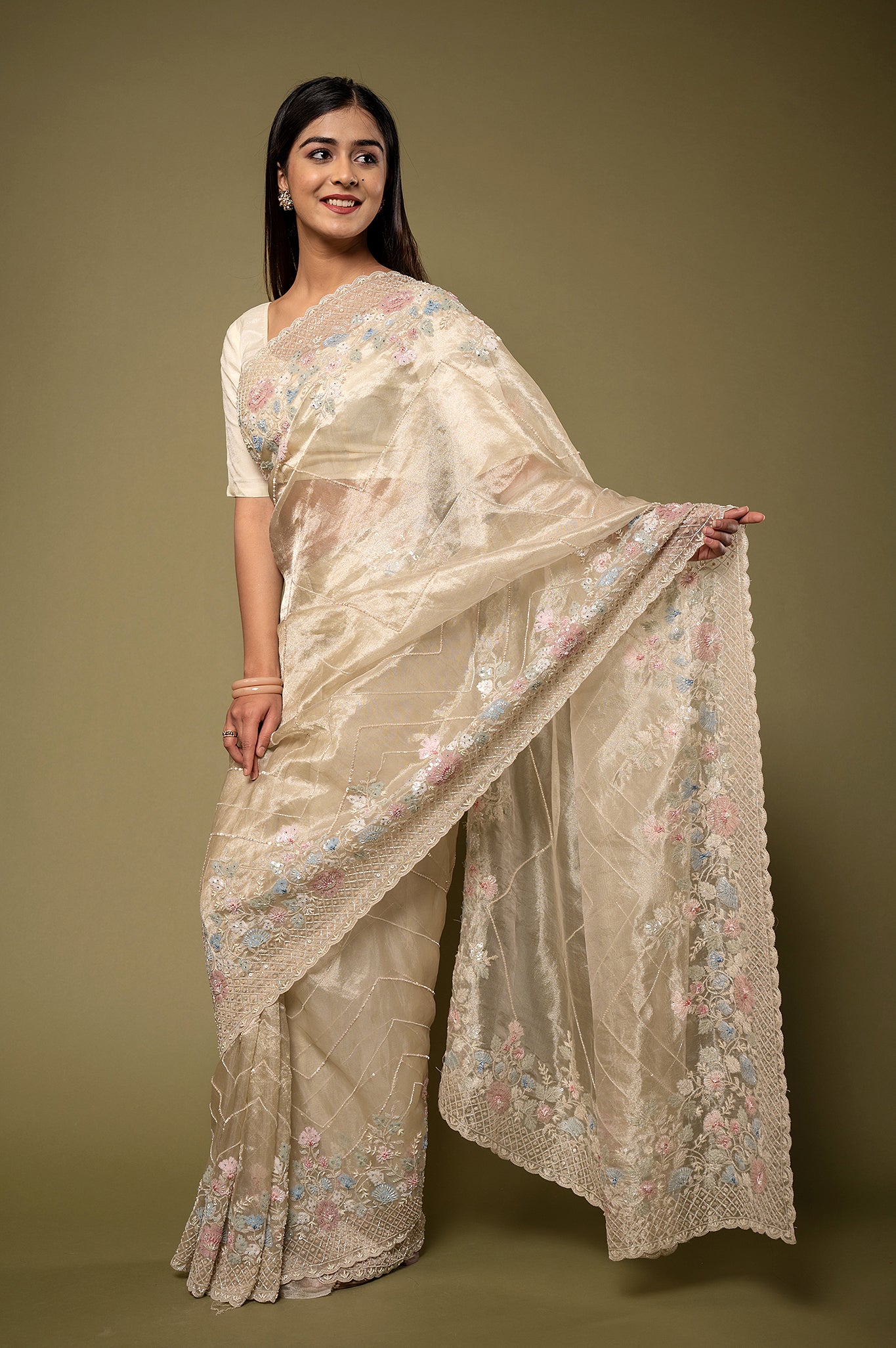 Creme Pure Tissue Kardana sequins pearl border jaal handwork party wear saree