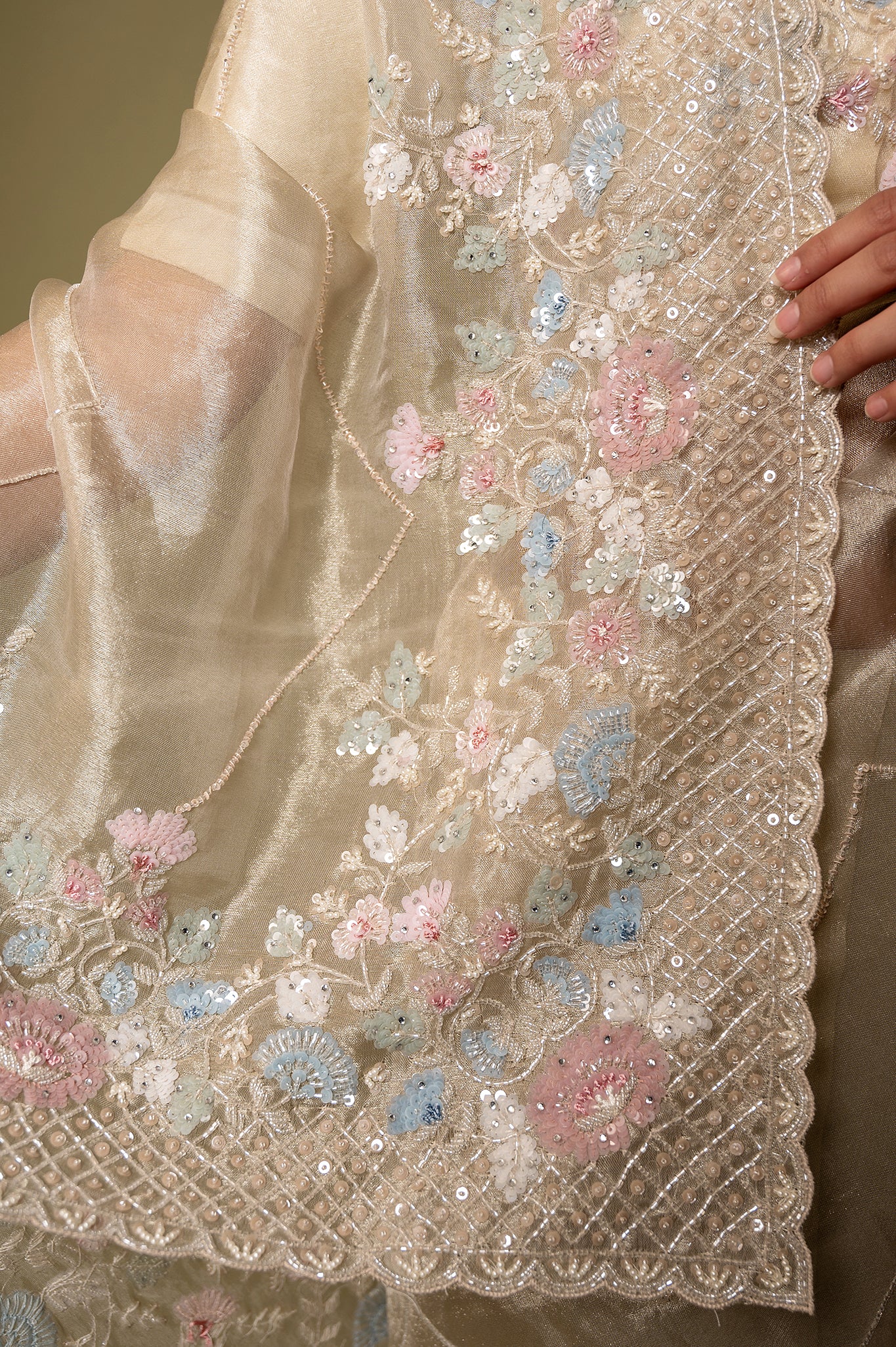 Creme Pure Tissue Kardana sequins pearl border jaal handwork party wear saree