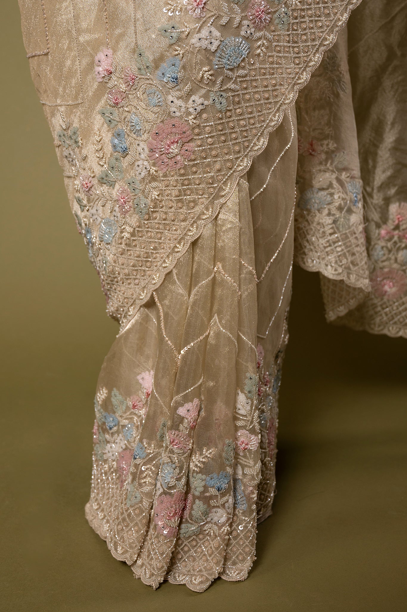 Creme Pure Tissue Kardana sequins pearl border jaal handwork party wear saree