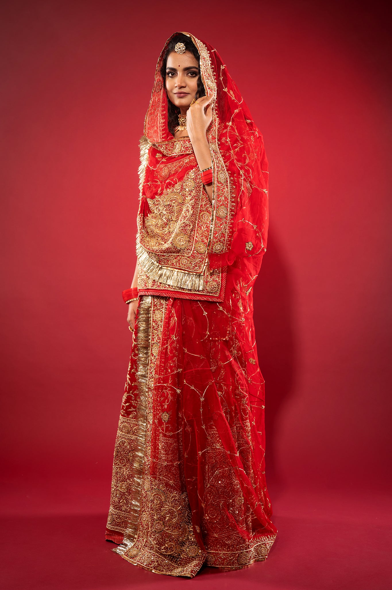 red Pure Silk Satin zardozi handwork rajputi Poshak with Pure odhna