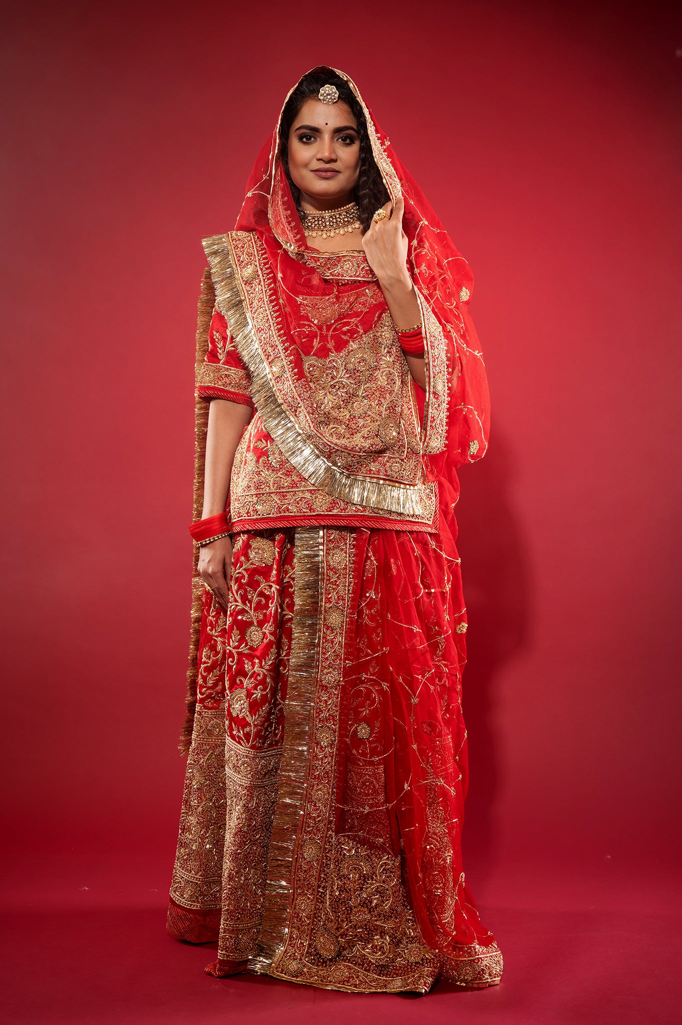 red Pure Silk Satin zardozi handwork rajputi Poshak with Pure odhna