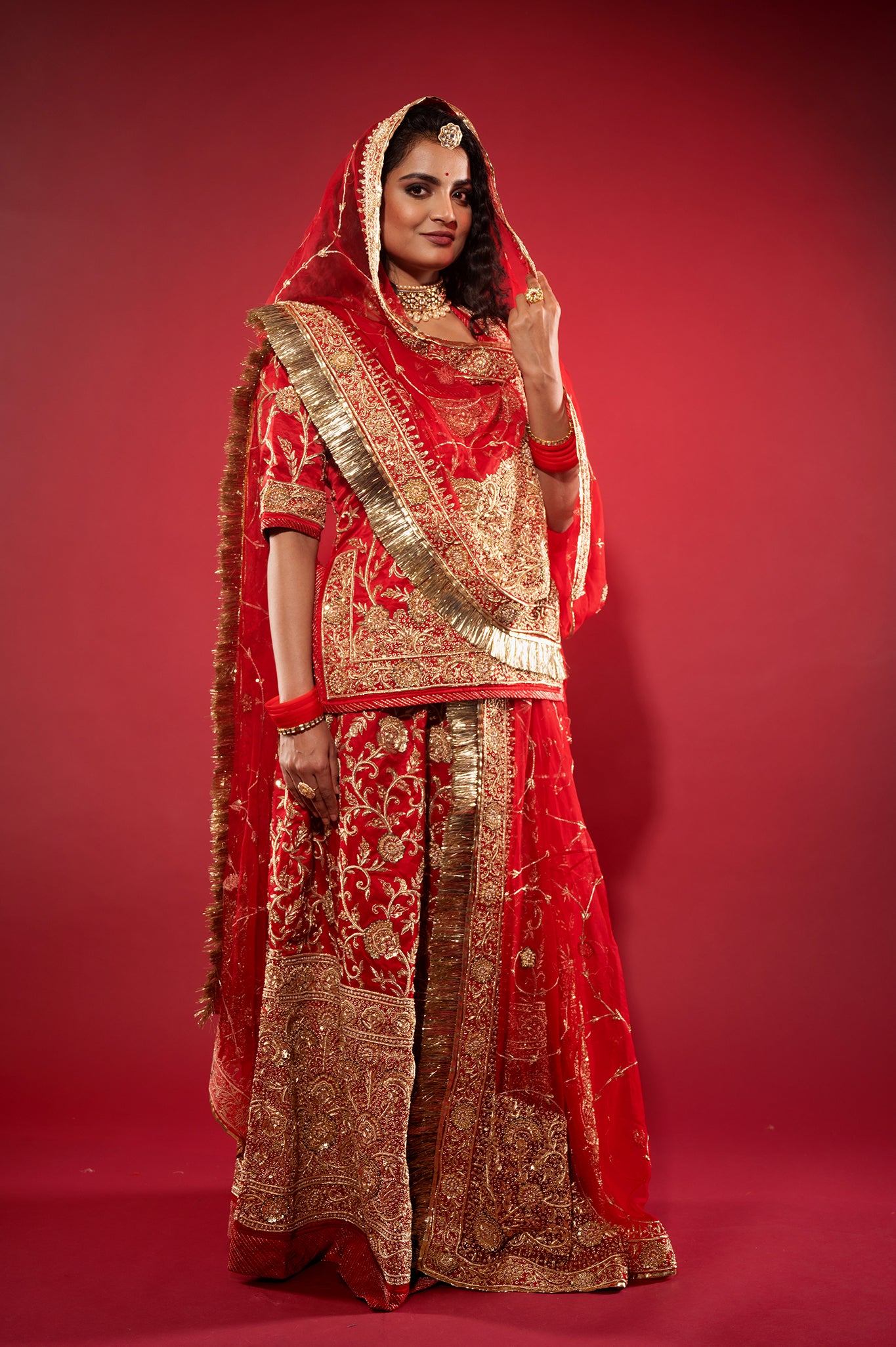 red Pure Silk Satin zardozi handwork rajputi Poshak with Pure odhna