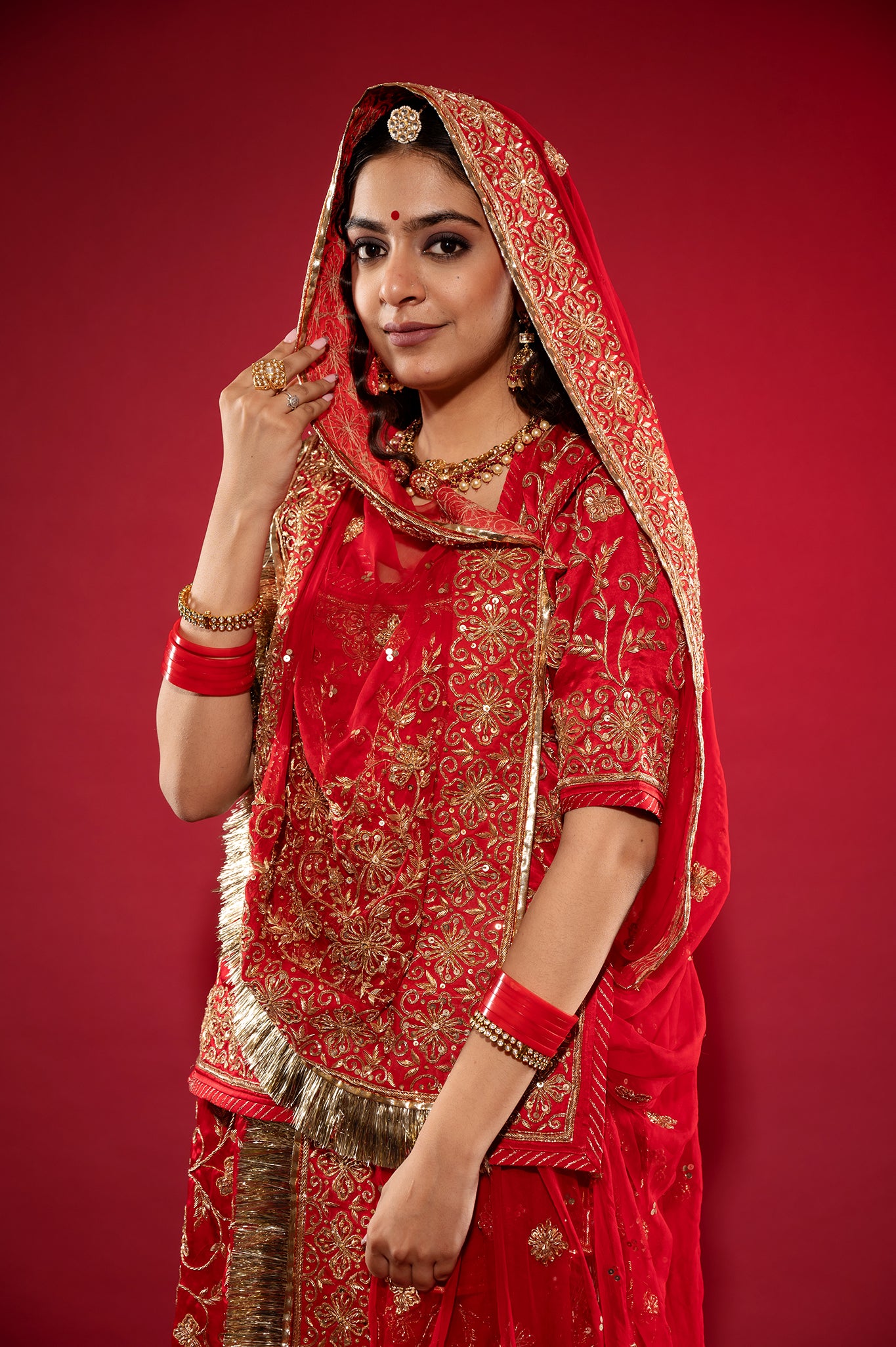 red Pure Silk Satin zardozi handwork rajputi Poshak with Pure odhna