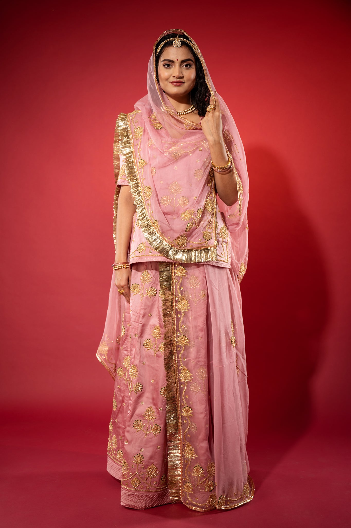 pink bamber satin zardozi handwork rajputi Poshak with Pure odhna