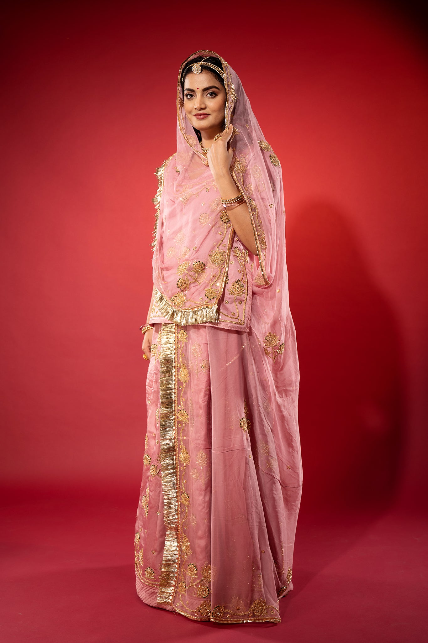 pink bamber satin zardozi handwork rajputi Poshak with Pure odhna