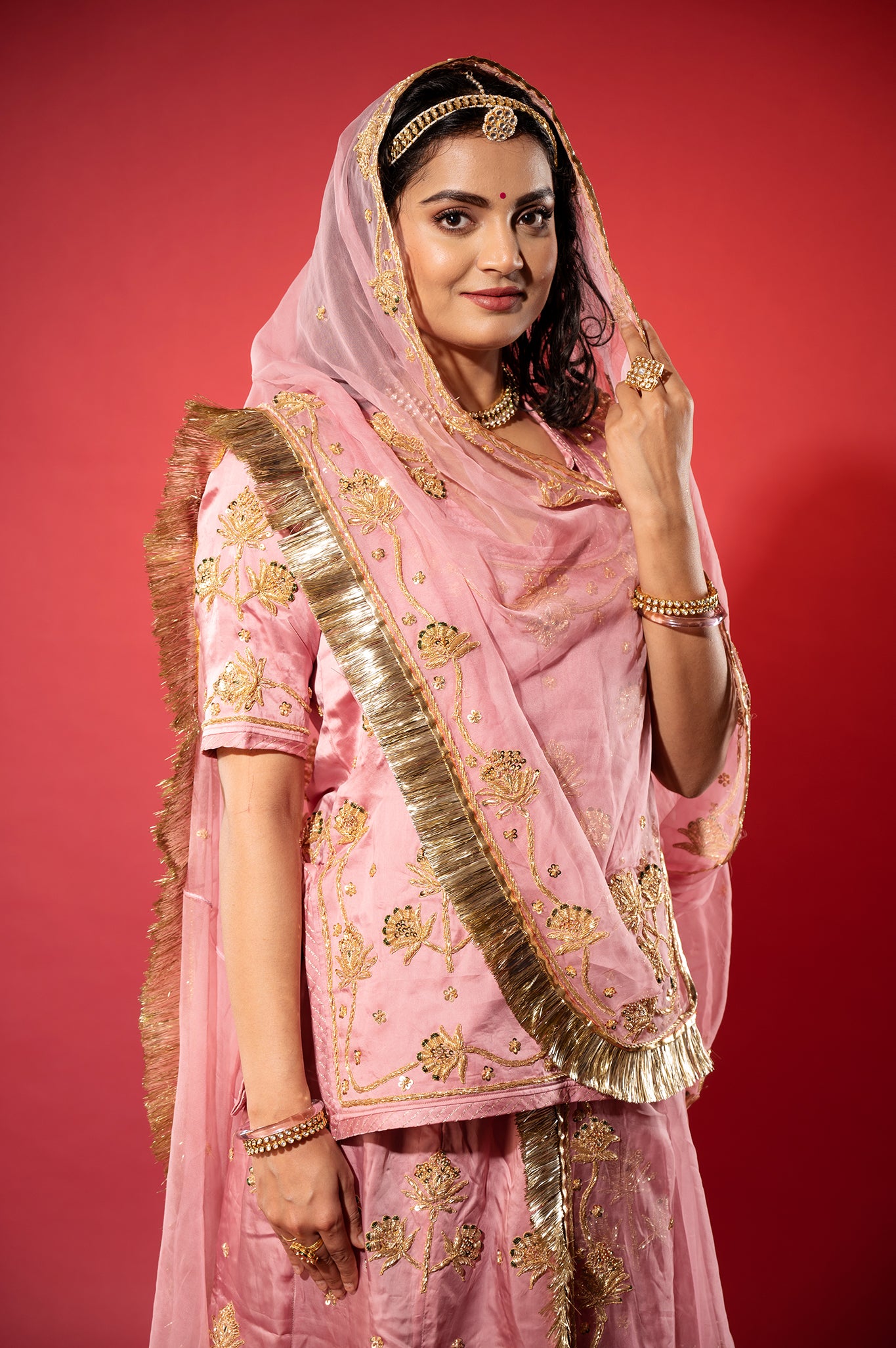 pink bamber satin zardozi handwork rajputi Poshak with Pure odhna
