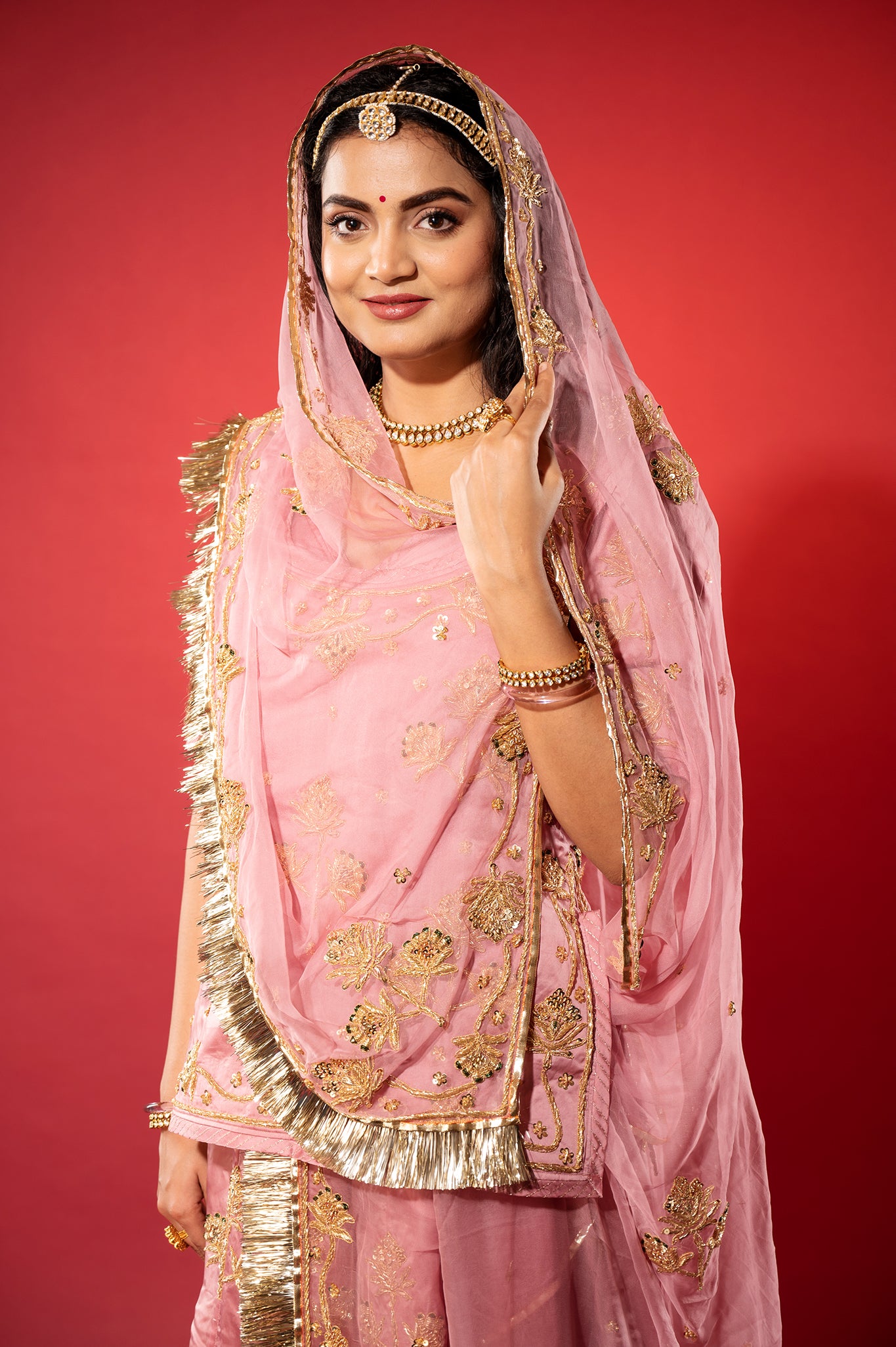 pink bamber satin zardozi handwork rajputi Poshak with Pure odhna