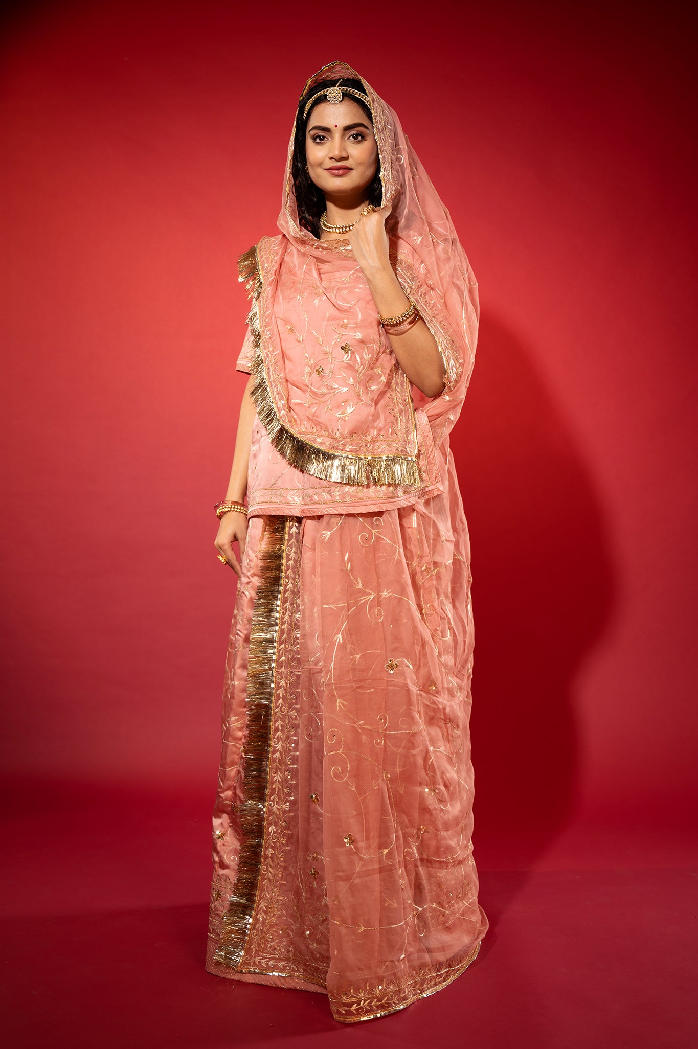 light peach bamber satin aari zardozi handwork rajputi Poshak with Pure odhna