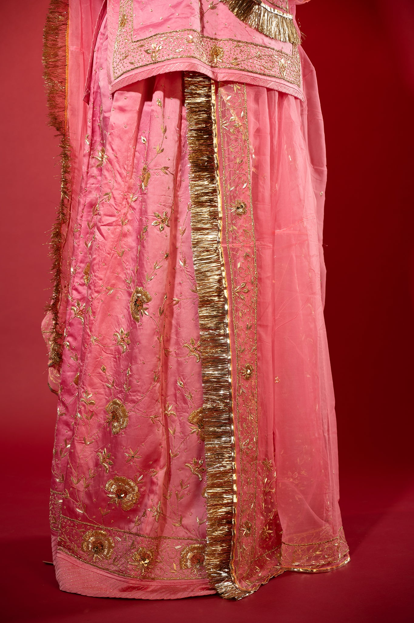 Pink bamber satin zardozi handwork rajputi Poshak with Pure odhna