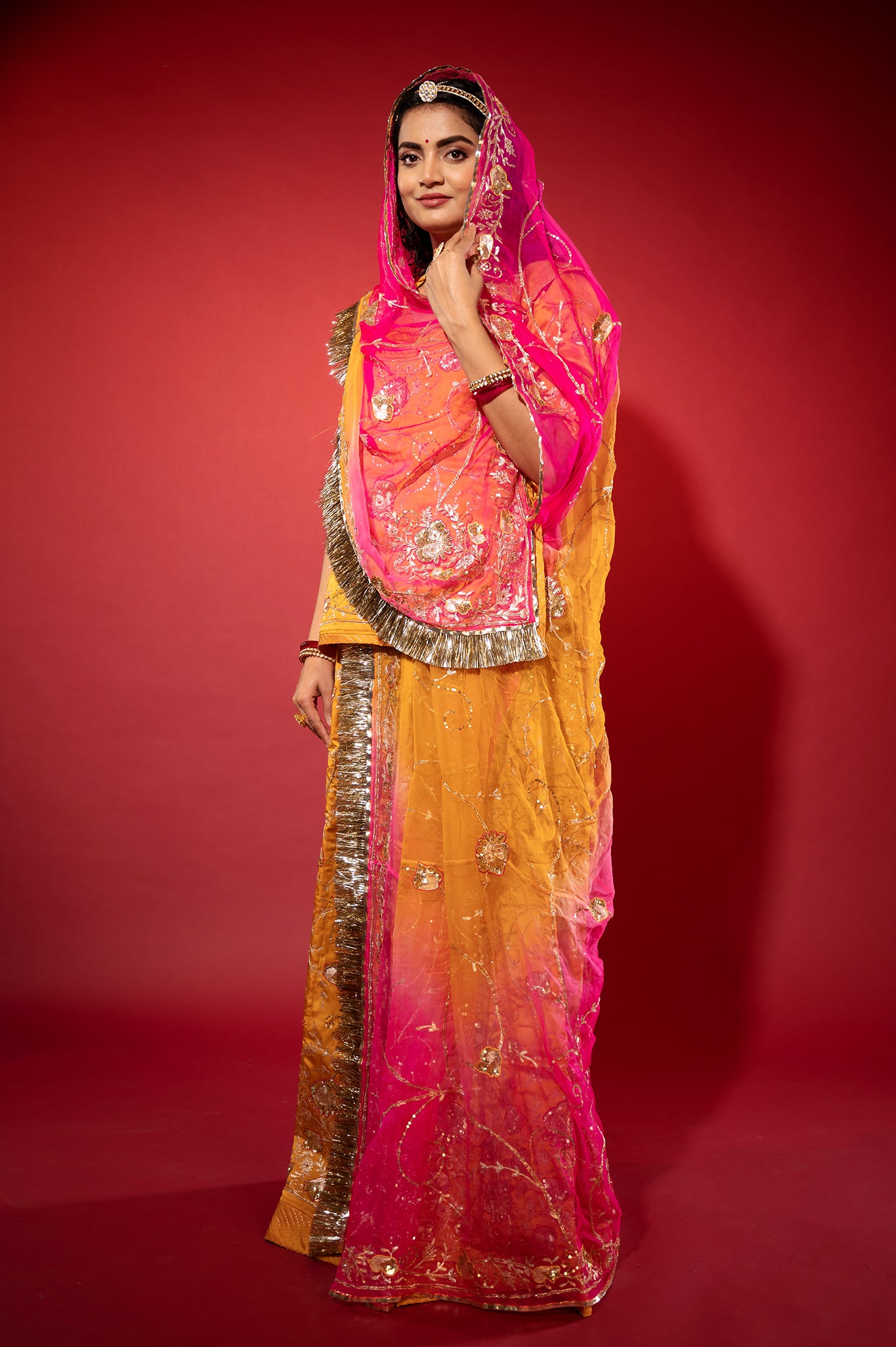 kesariya yellow bamber satin aari zardozi handwork rajputi Poshak with Pure odhna