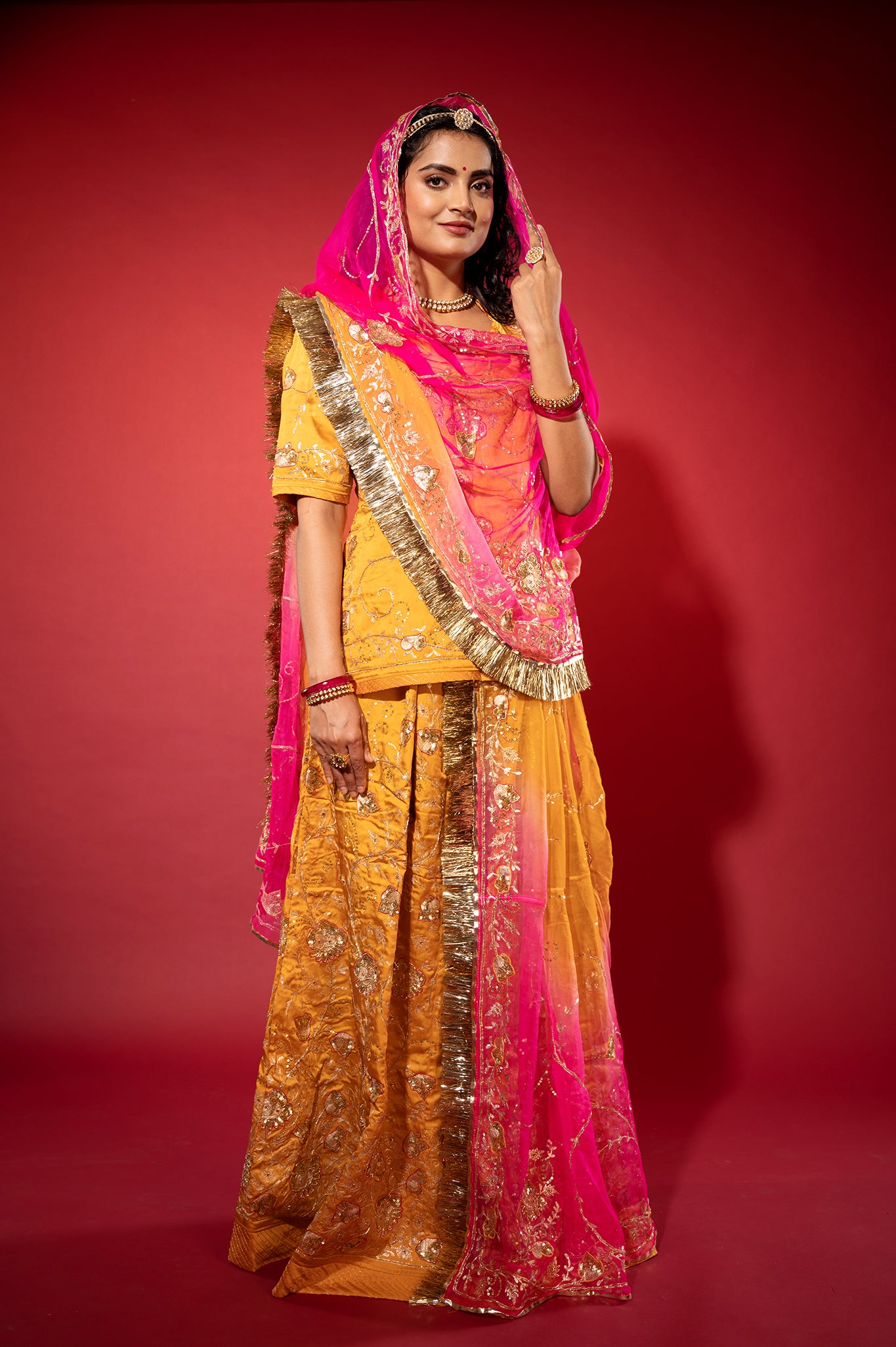 kesariya yellow bamber satin aari zardozi handwork rajputi Poshak with Pure odhna