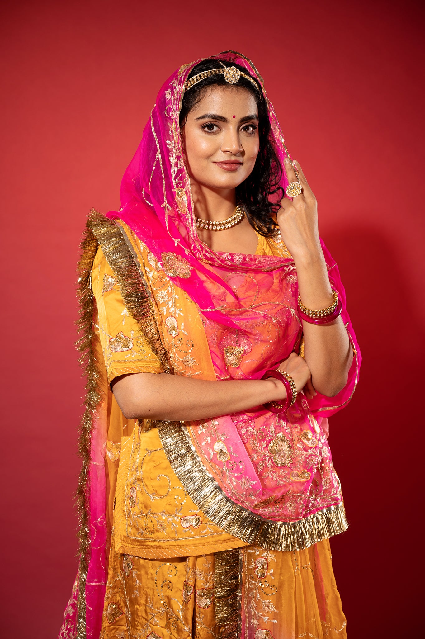 kesariya yellow bamber satin aari zardozi handwork rajputi Poshak with Pure odhna