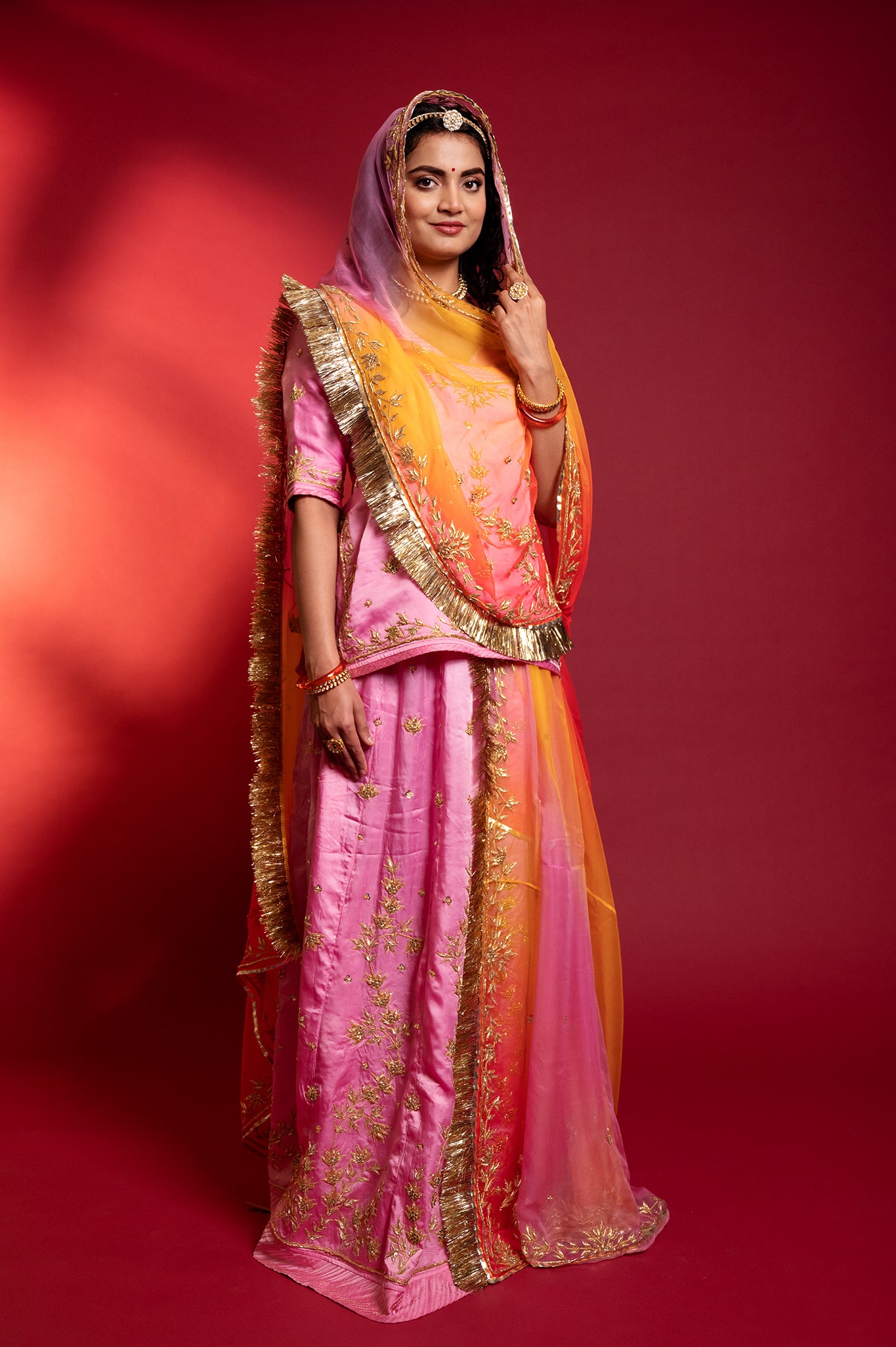 Pink bamber satin zardozi handwork rajputi Poshak with Pure odhna