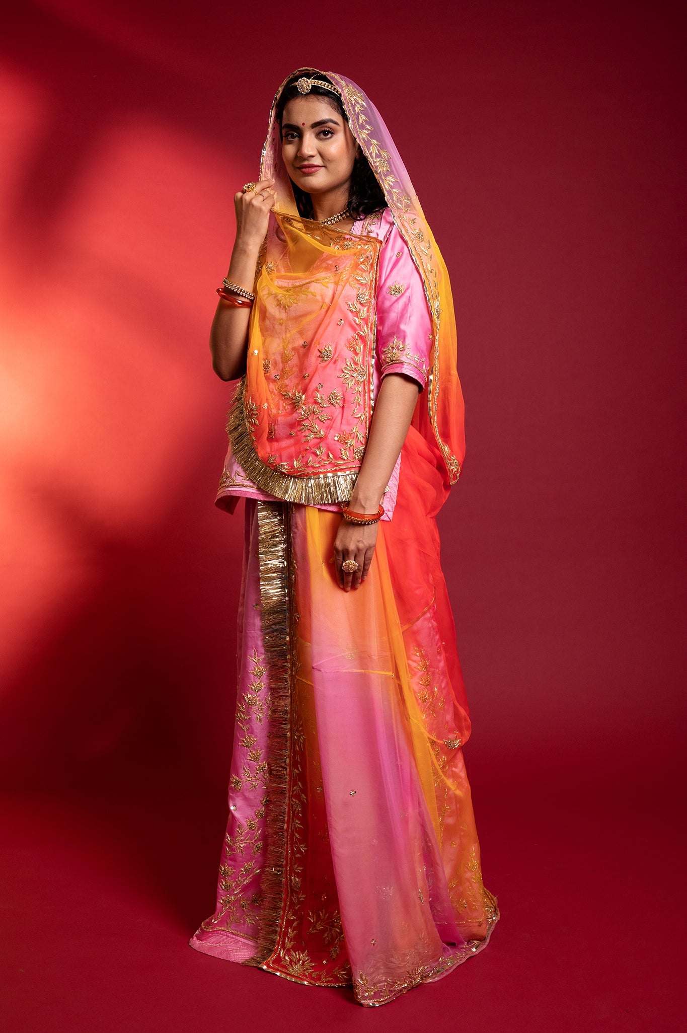 Pink bamber satin zardozi handwork rajputi Poshak with Pure odhna