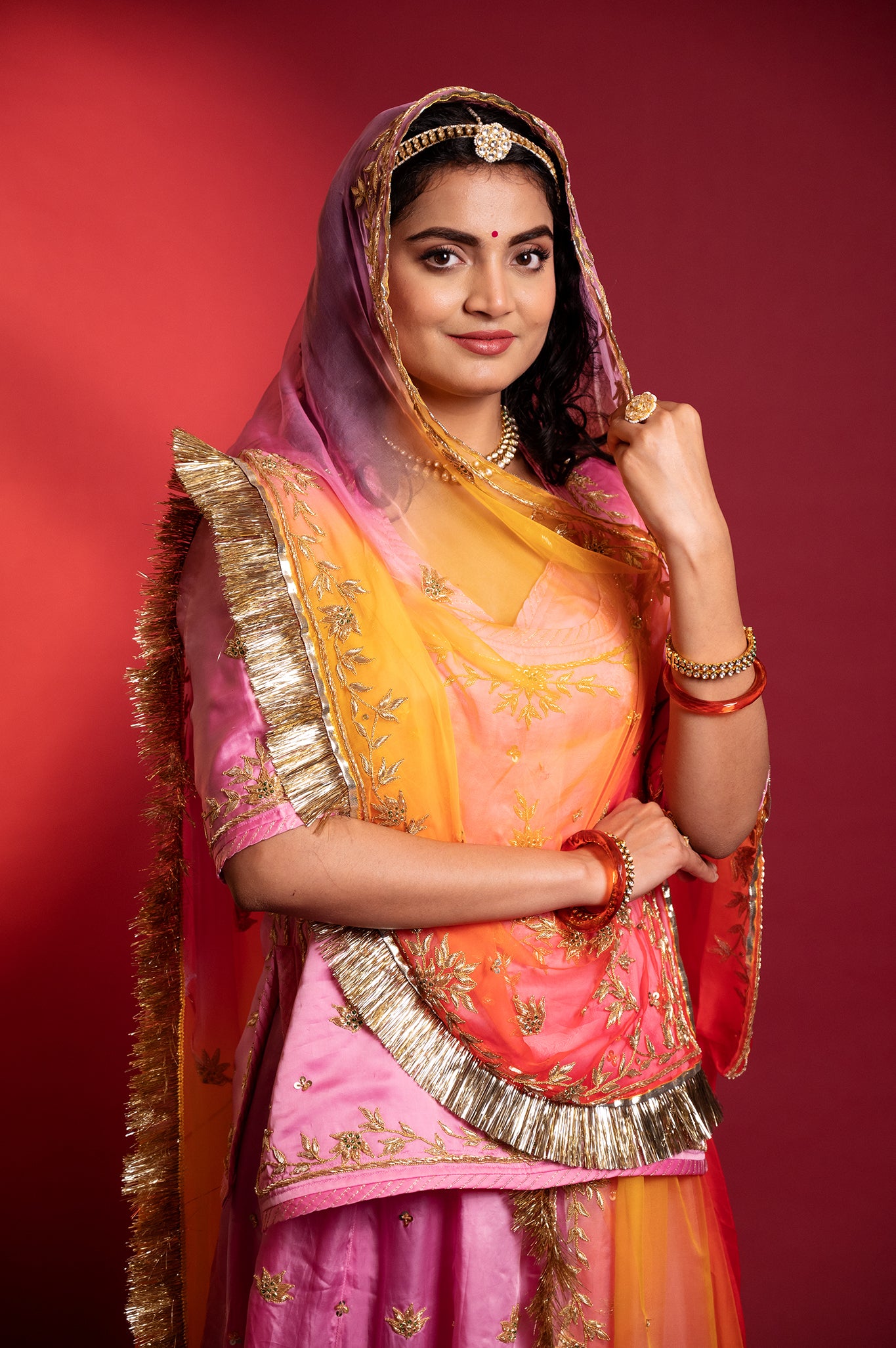 Pink bamber satin zardozi handwork rajputi Poshak with Pure odhna