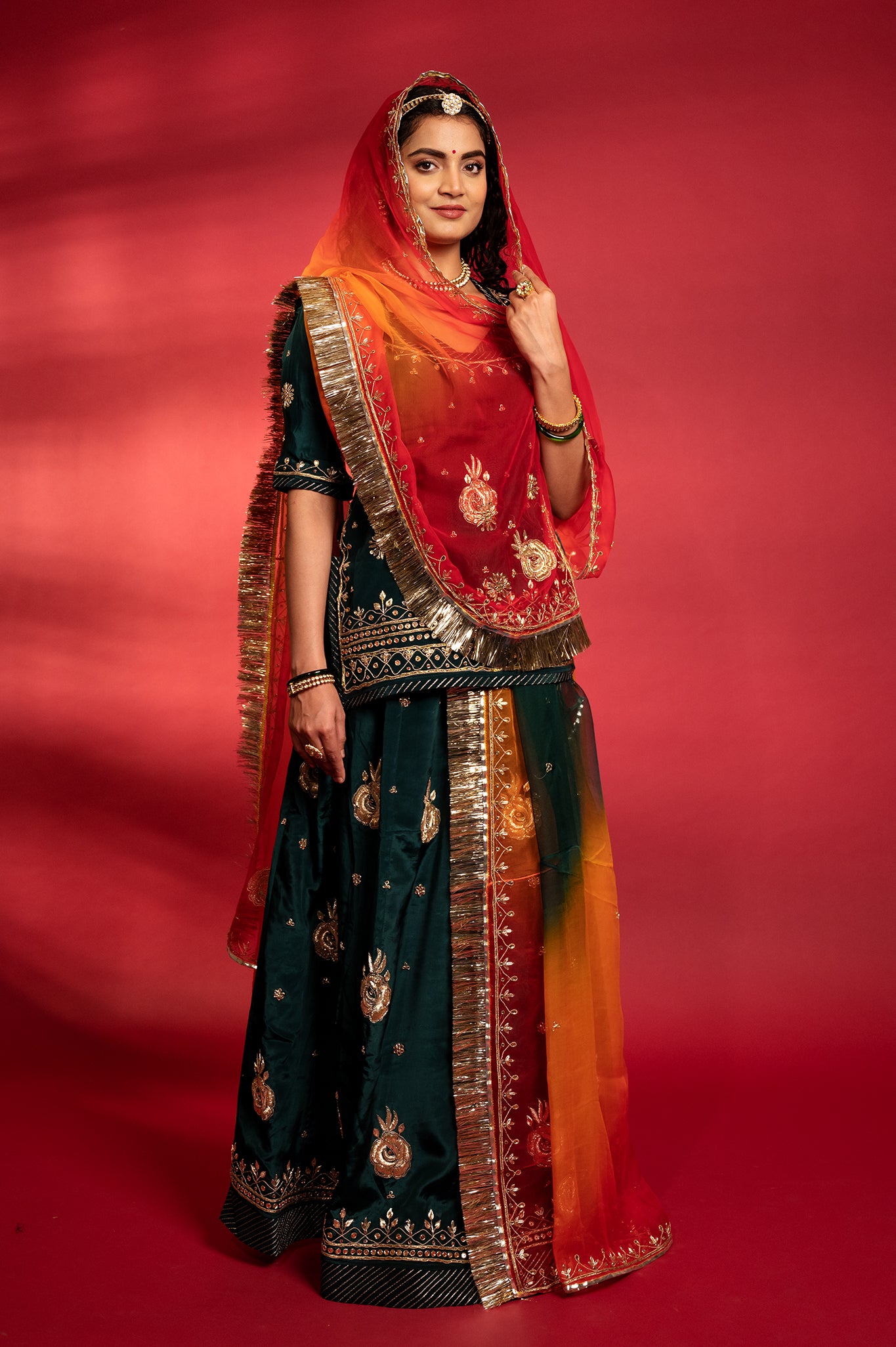 bottle green bamber satin aari zardozi handwork Rajputi Poshak with Pure odhna