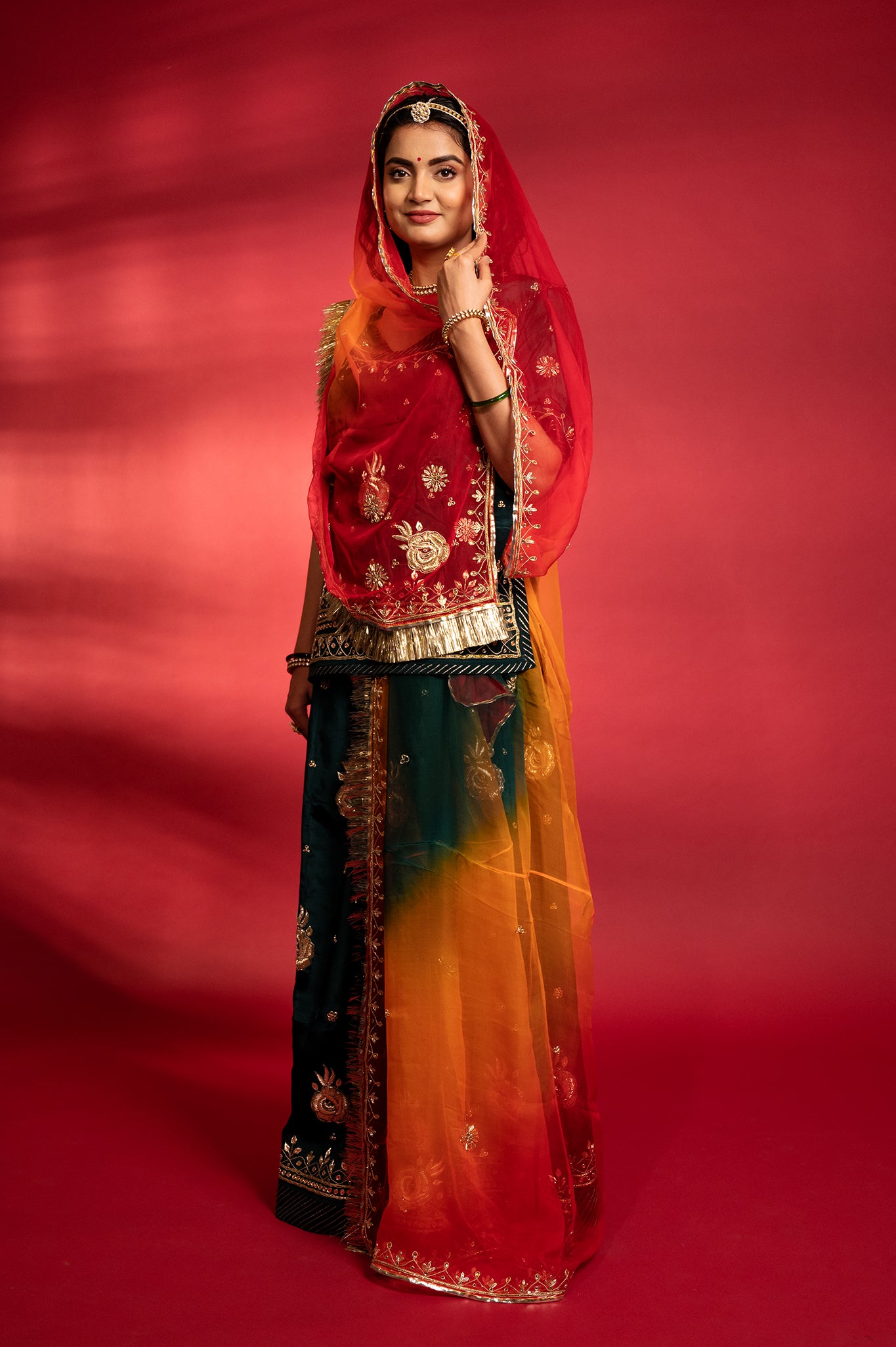 bottle green bamber satin aari zardozi handwork Rajputi Poshak with Pure odhna