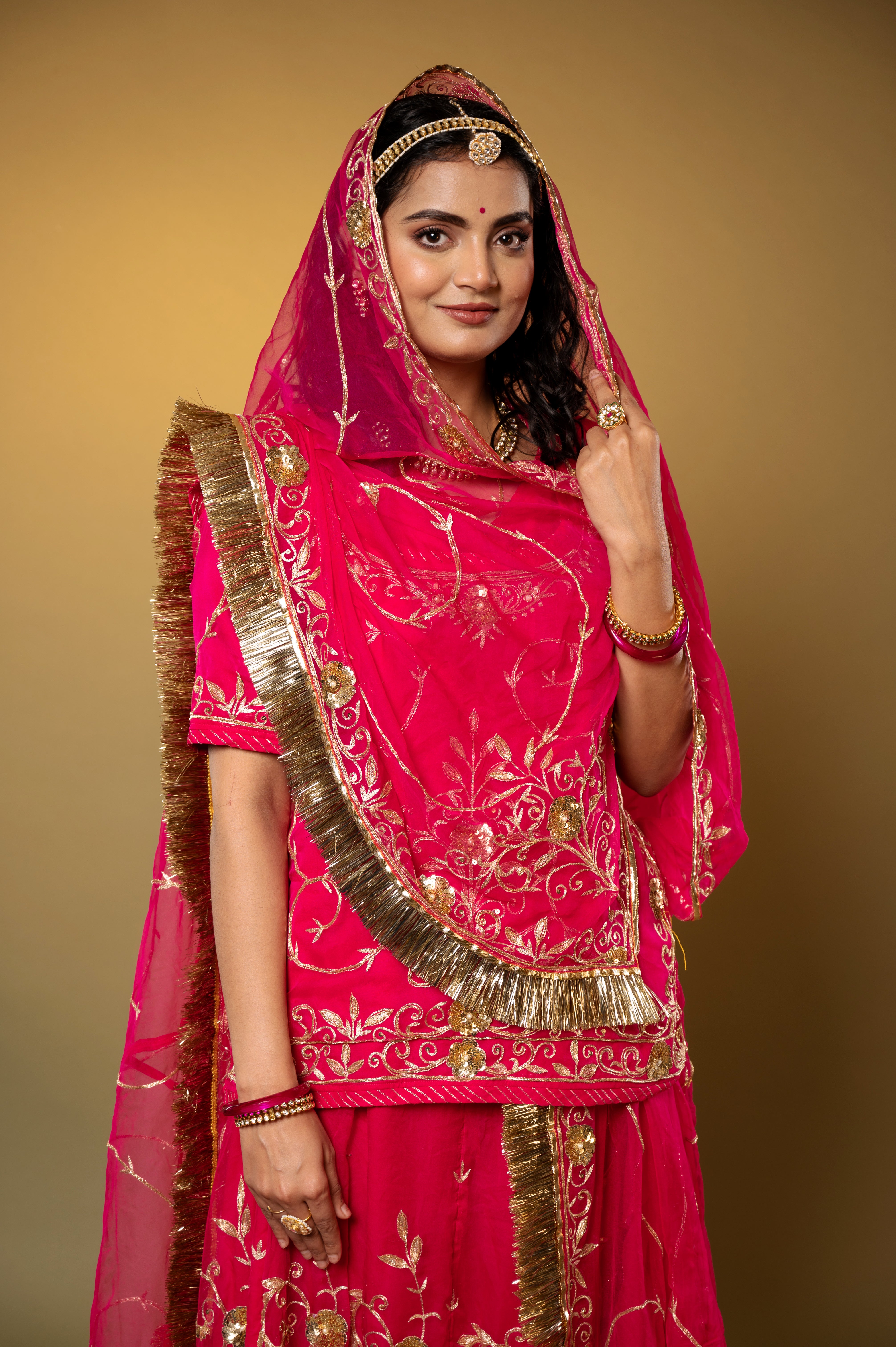 Cherry Red Bamber Satin Aari Sequins handwork Rajputi Poshak with Pure odhna