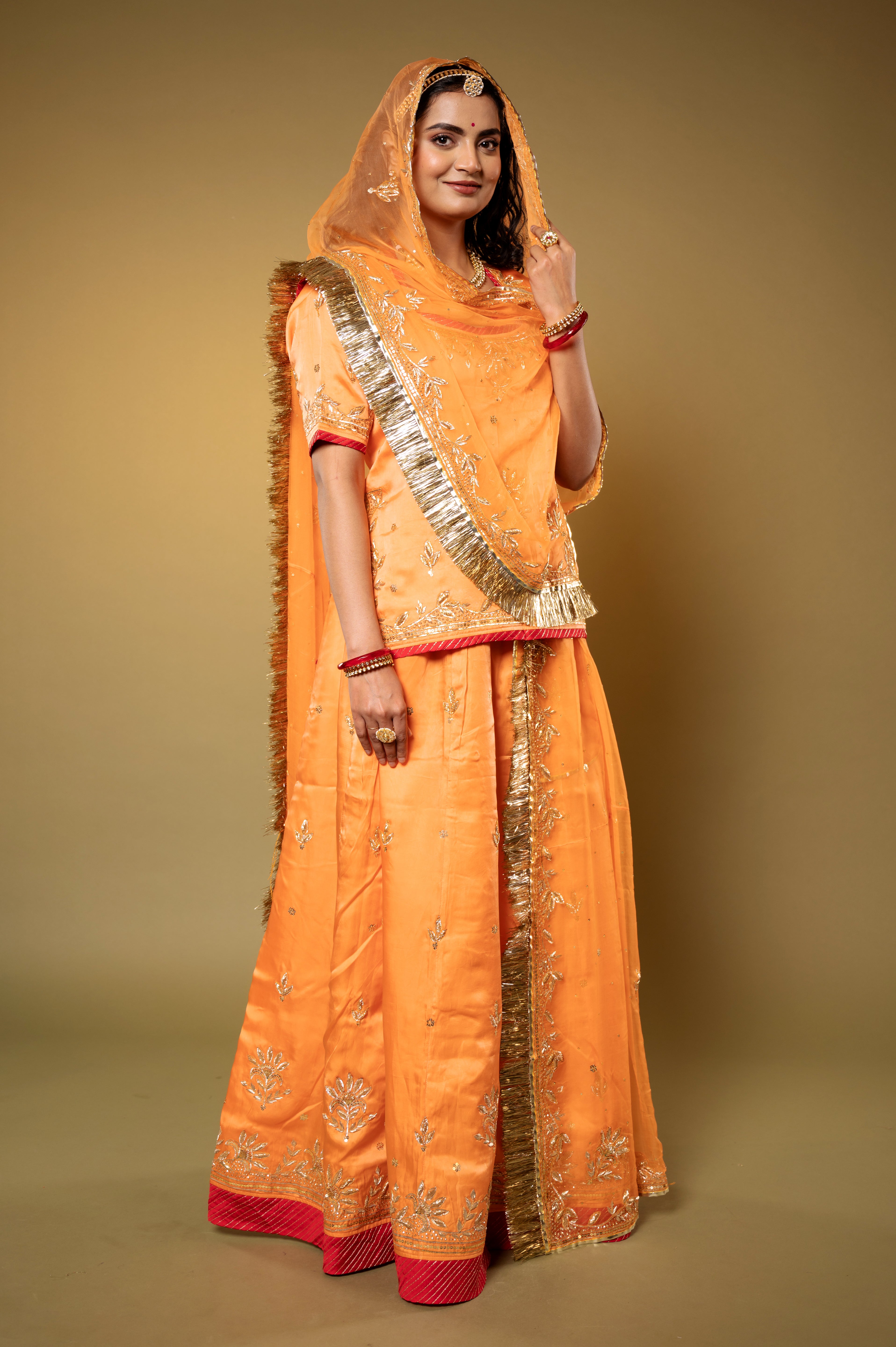 orange bamber satin sikhiya zardozi handwork Rajputi Poshak with Pure odhna