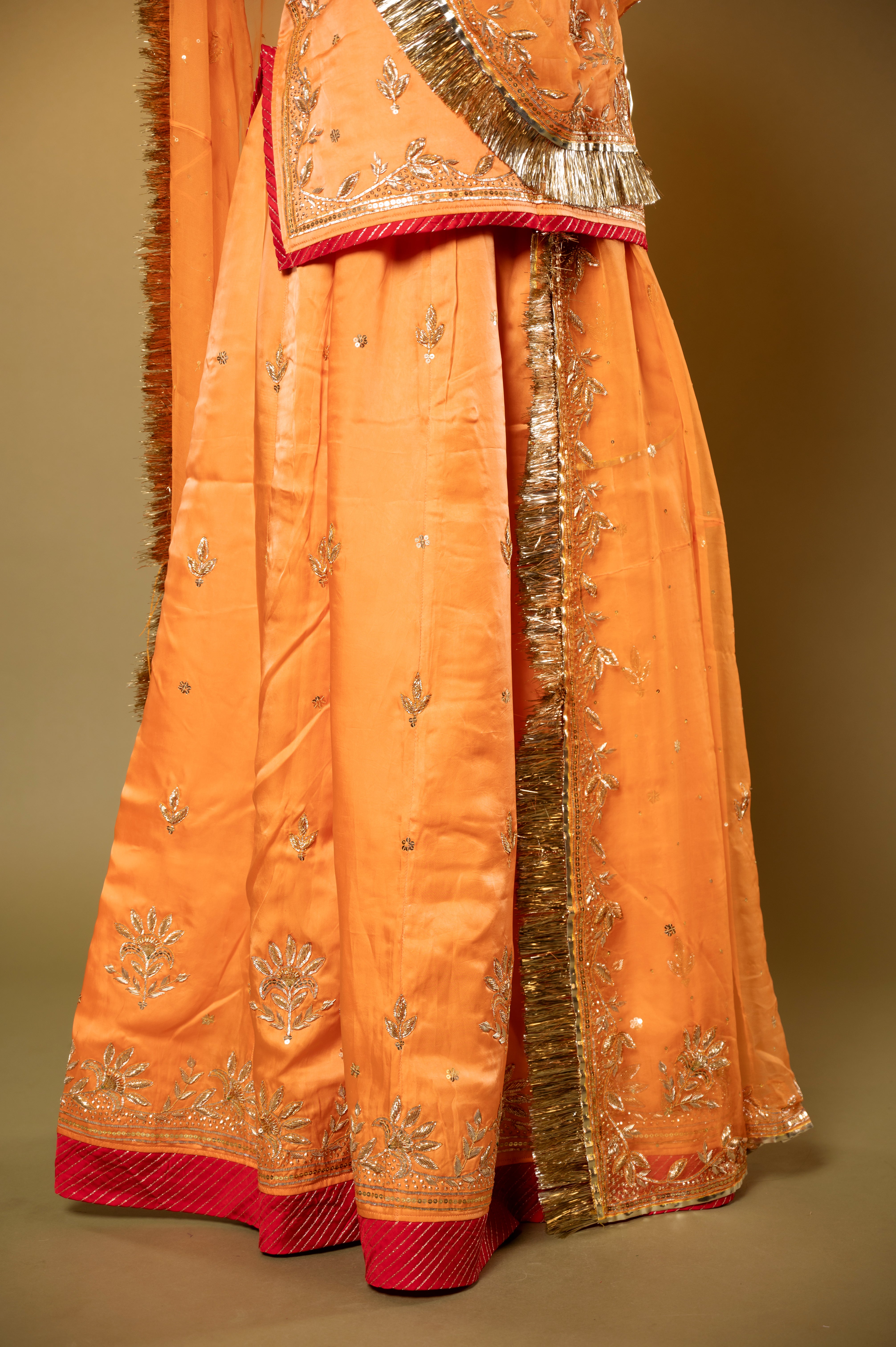 orange bamber satin sikhiya zardozi handwork Rajputi Poshak with Pure odhna