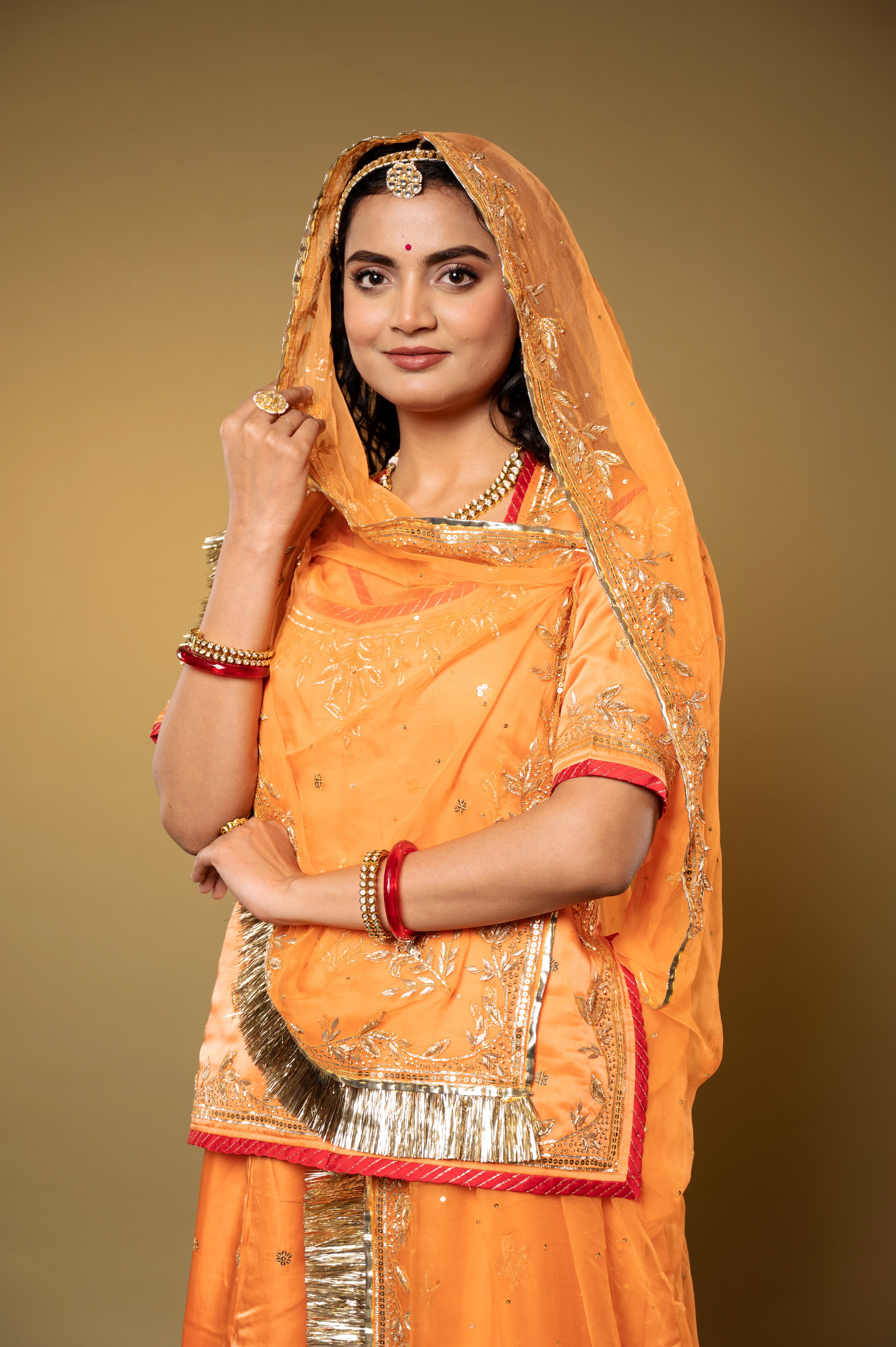 orange bamber satin sikhiya zardozi handwork Rajputi Poshak with Pure odhna