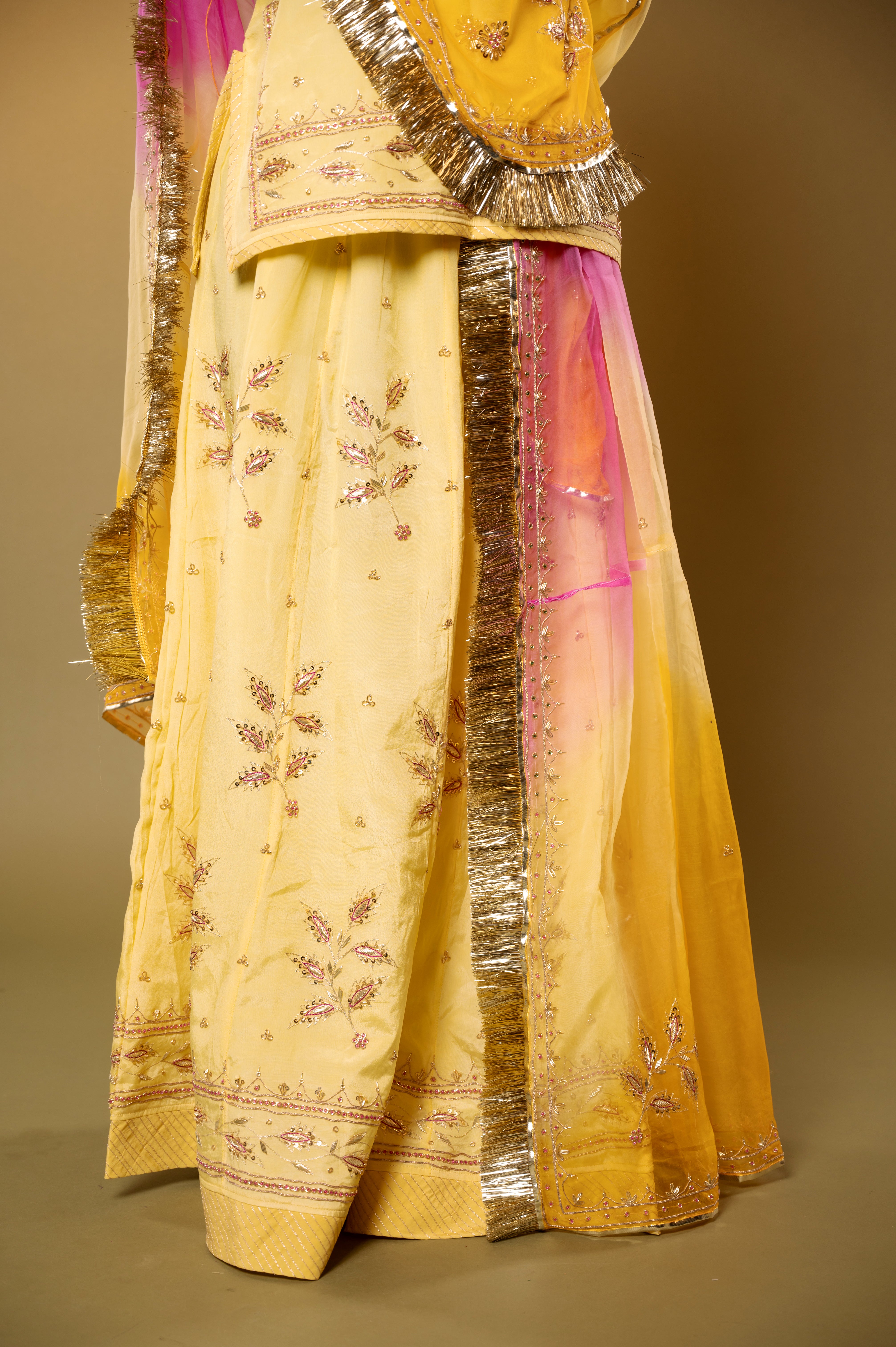 lemon yellow Crepe aari sequins zardozi handwork Rajputi Poshak with Pure odhna