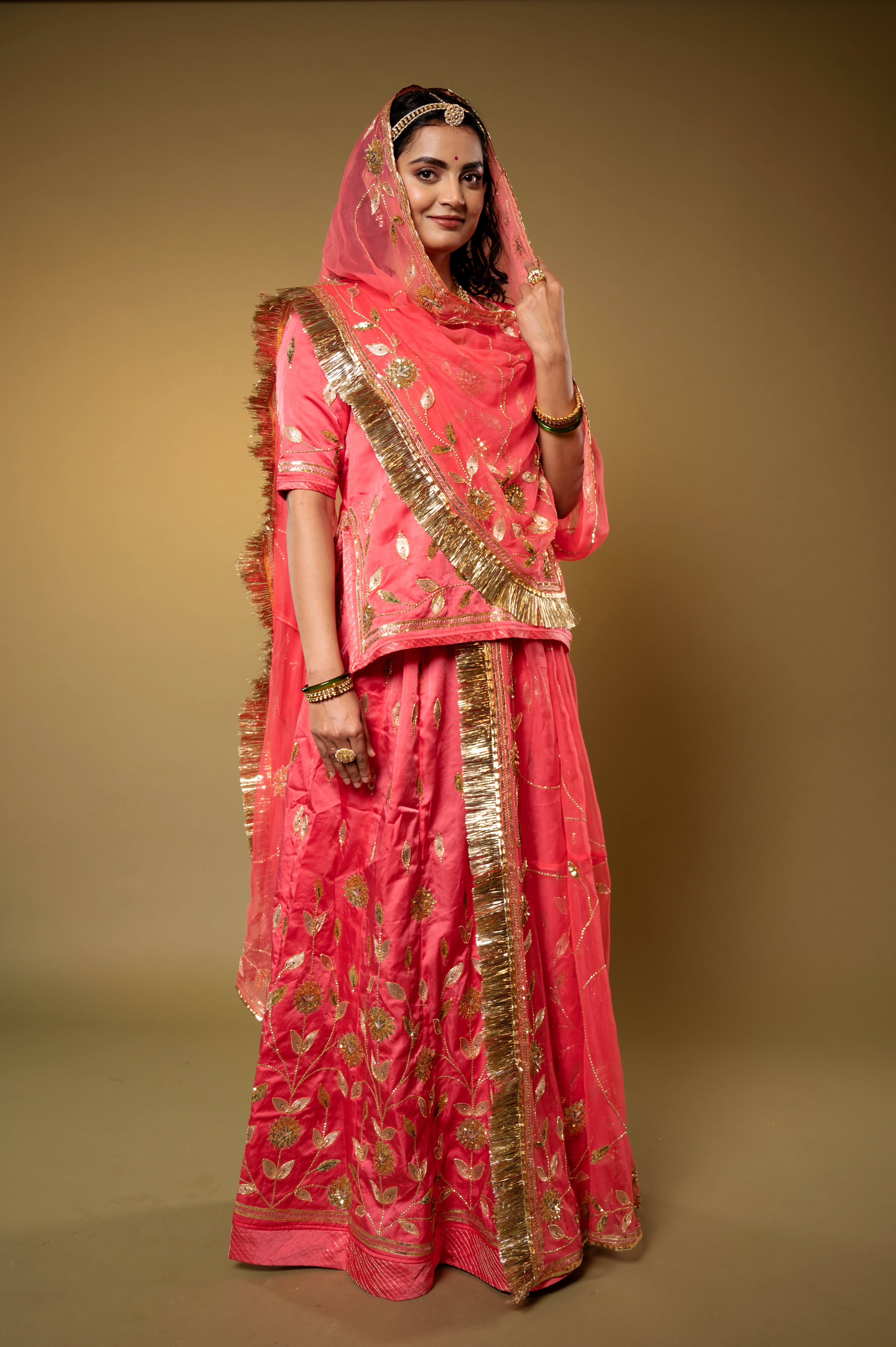 Coral bamber satin Aari Sequins handwork Rajputi Poshak with Pure odhna