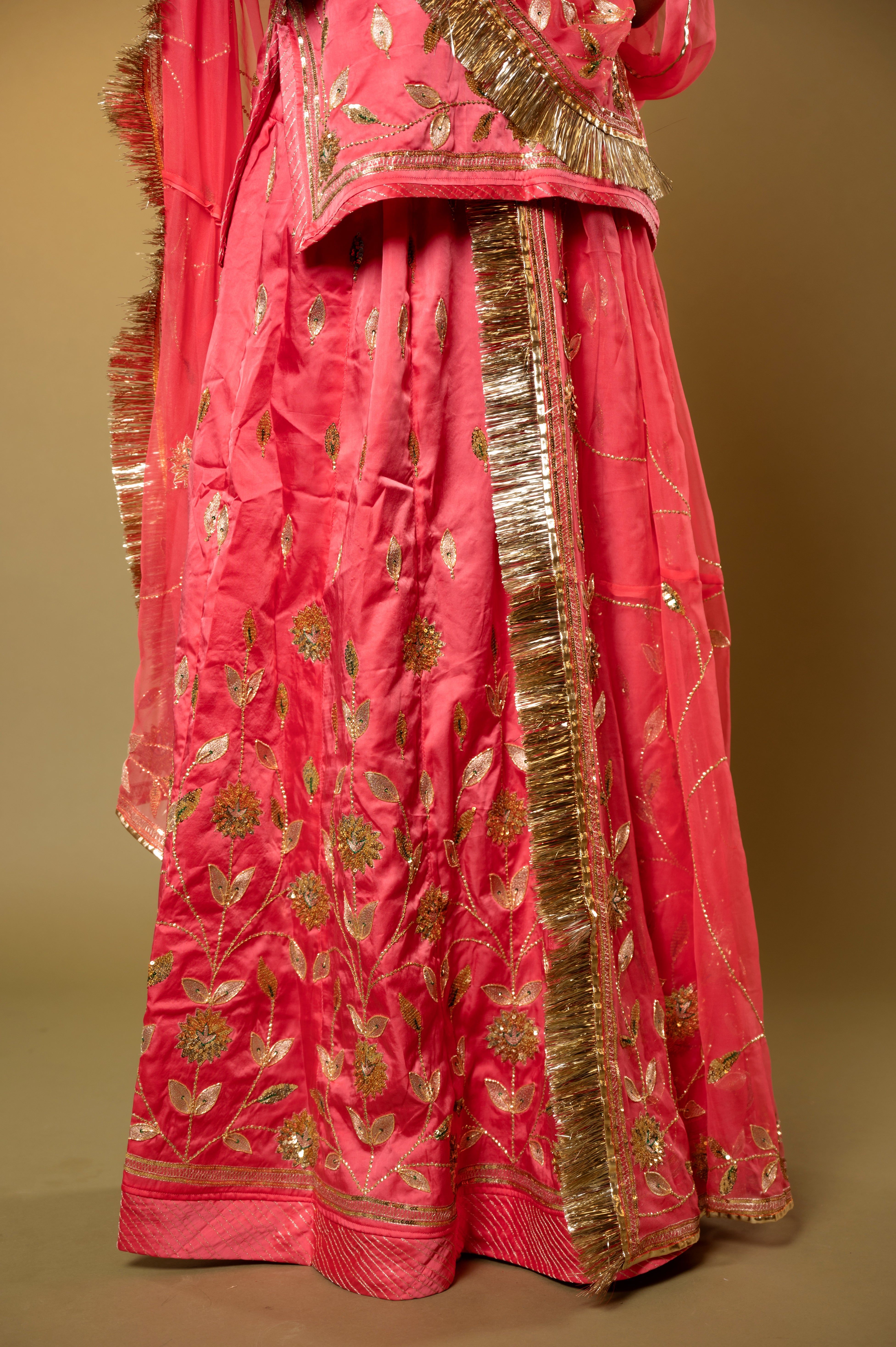 Coral bamber satin Aari Sequins handwork Rajputi Poshak with Pure odhna